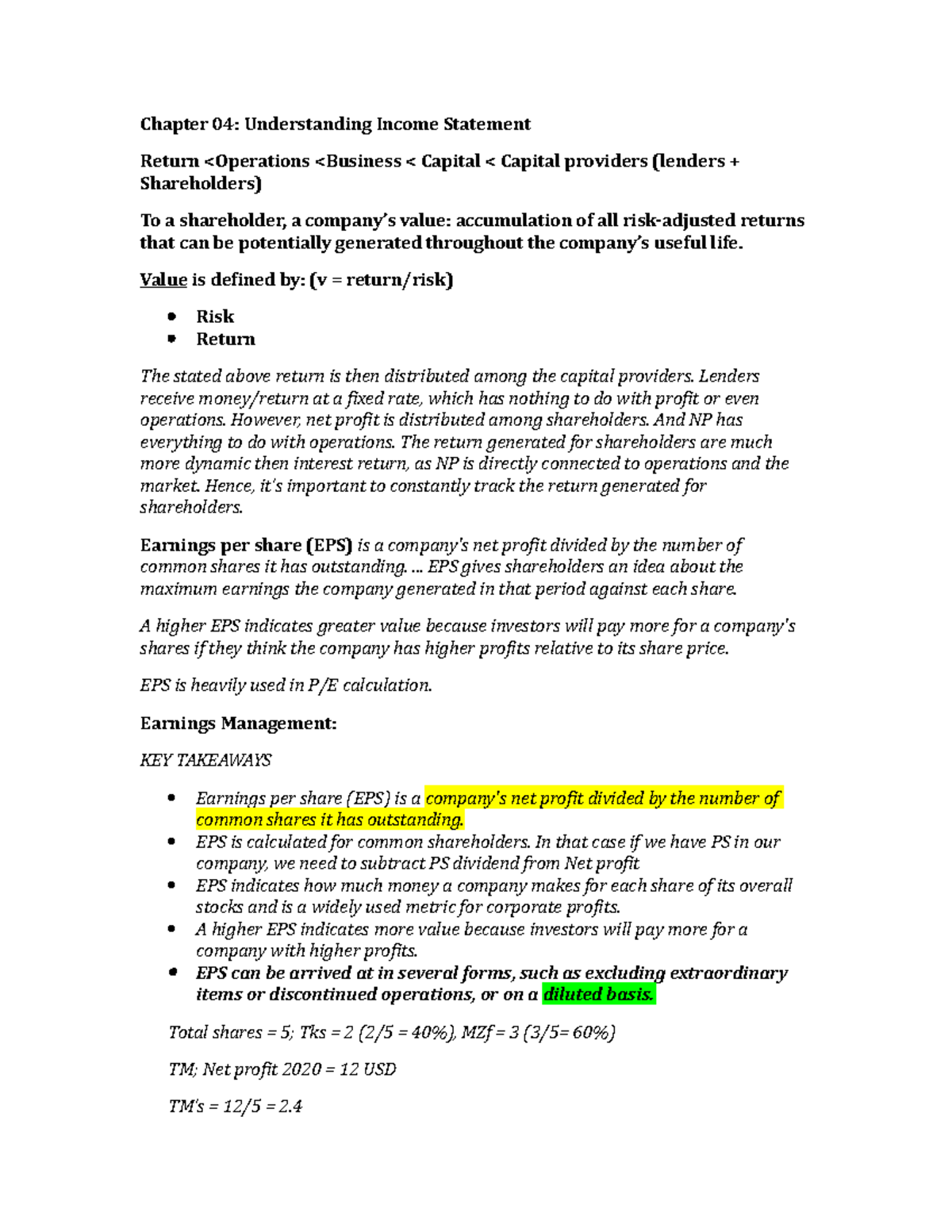 Lecture 4 02 - Tks - Chapter 04: Understanding Income Statement Return