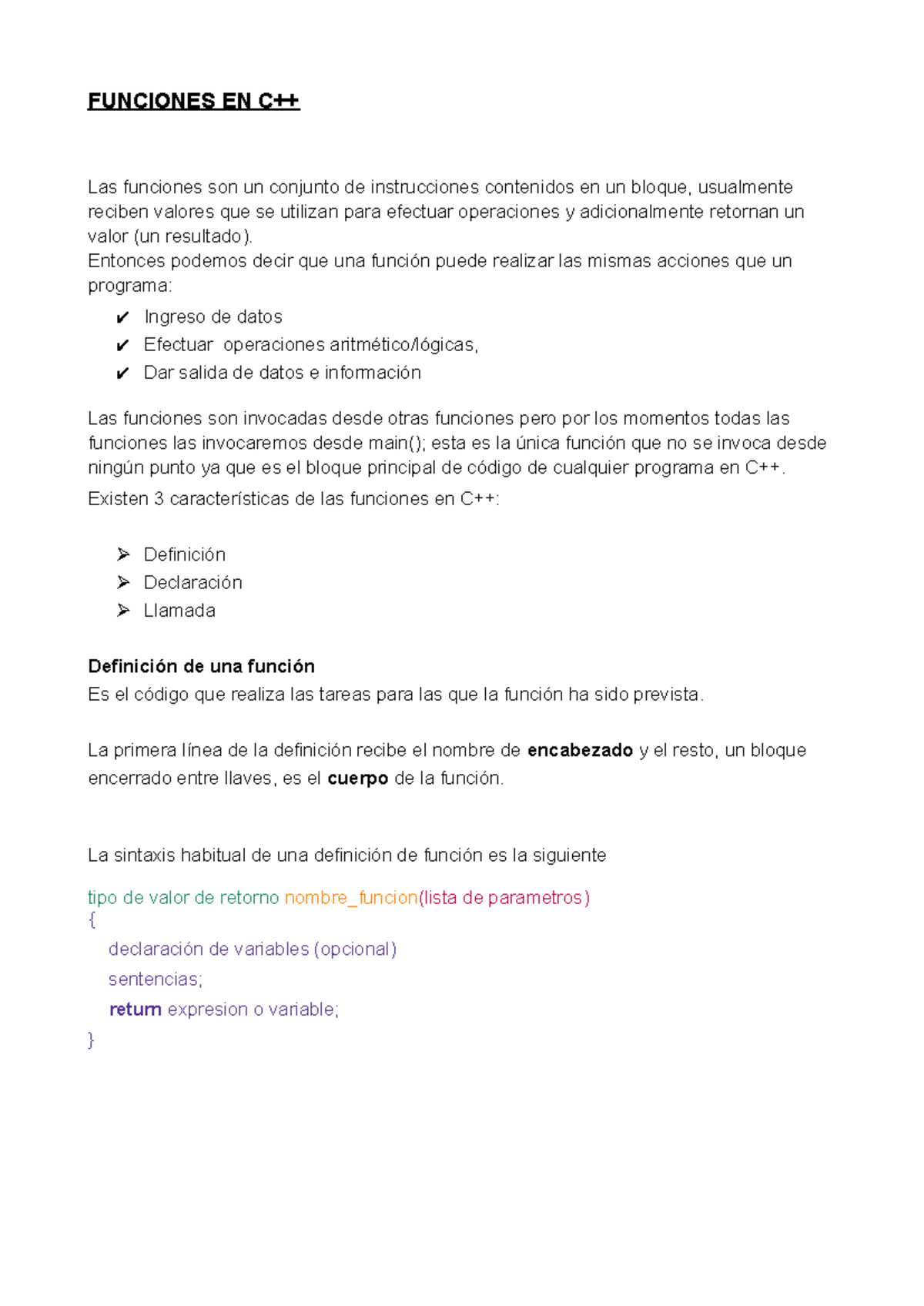 Funciones en c++ - Apuntes - FUNCIONES EN C++ Las funciones son un ...