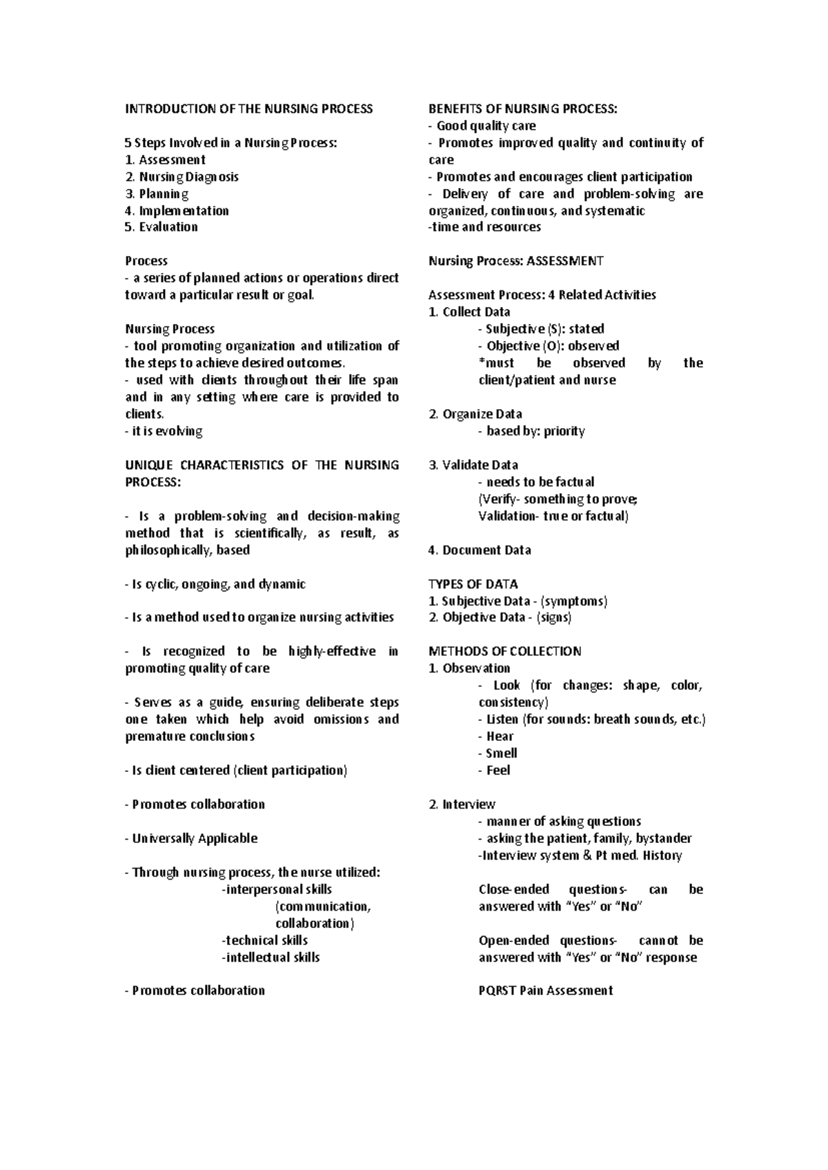 Nursing Process - Notes - INTRODUCTION OF THE NURSING PROCESS 5 Steps ...