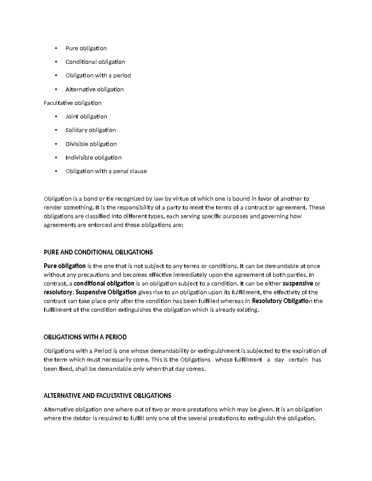 Oblicon Summaries - Pure obligation Conditional obligation Obligation ...