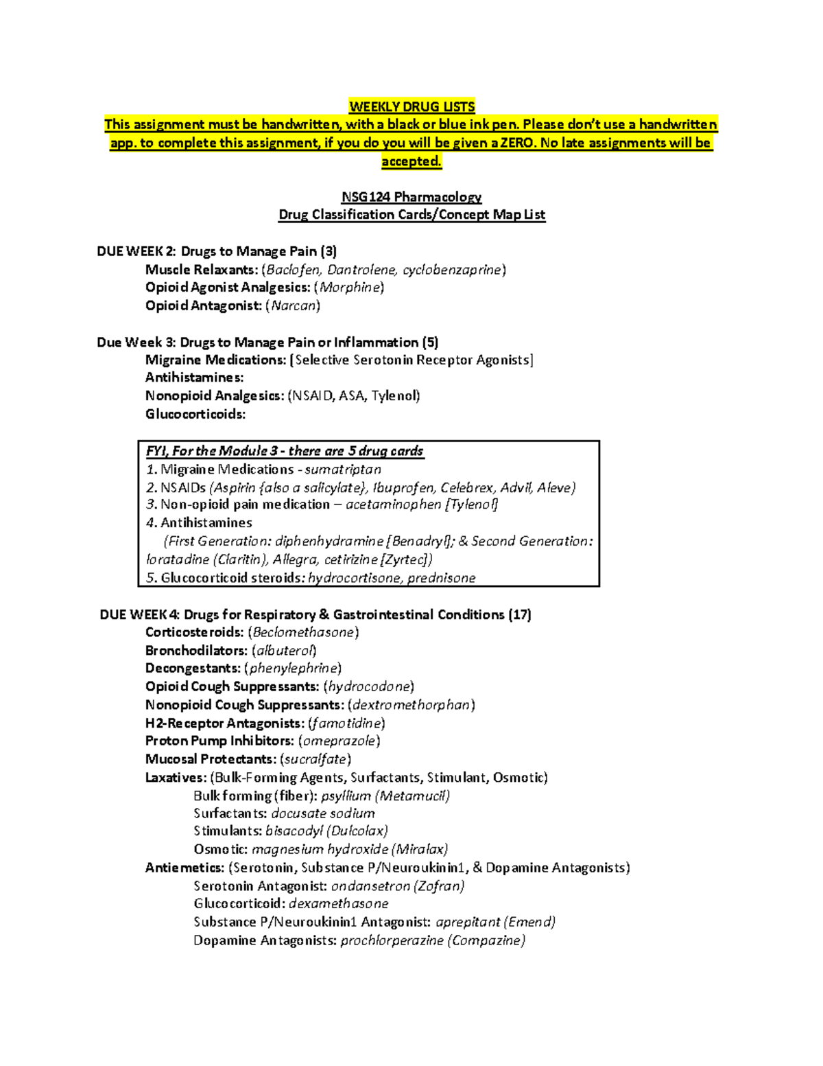 Pharmacology - WEEKLY DRUG LISTS This assignment must be handwritten ...