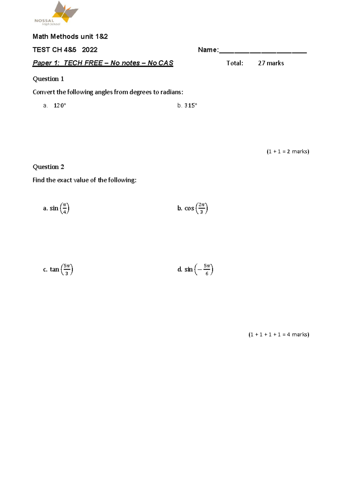 11 Maths Methods 2022 Chapter 14 Test (Circular Functions) Final Draft ...