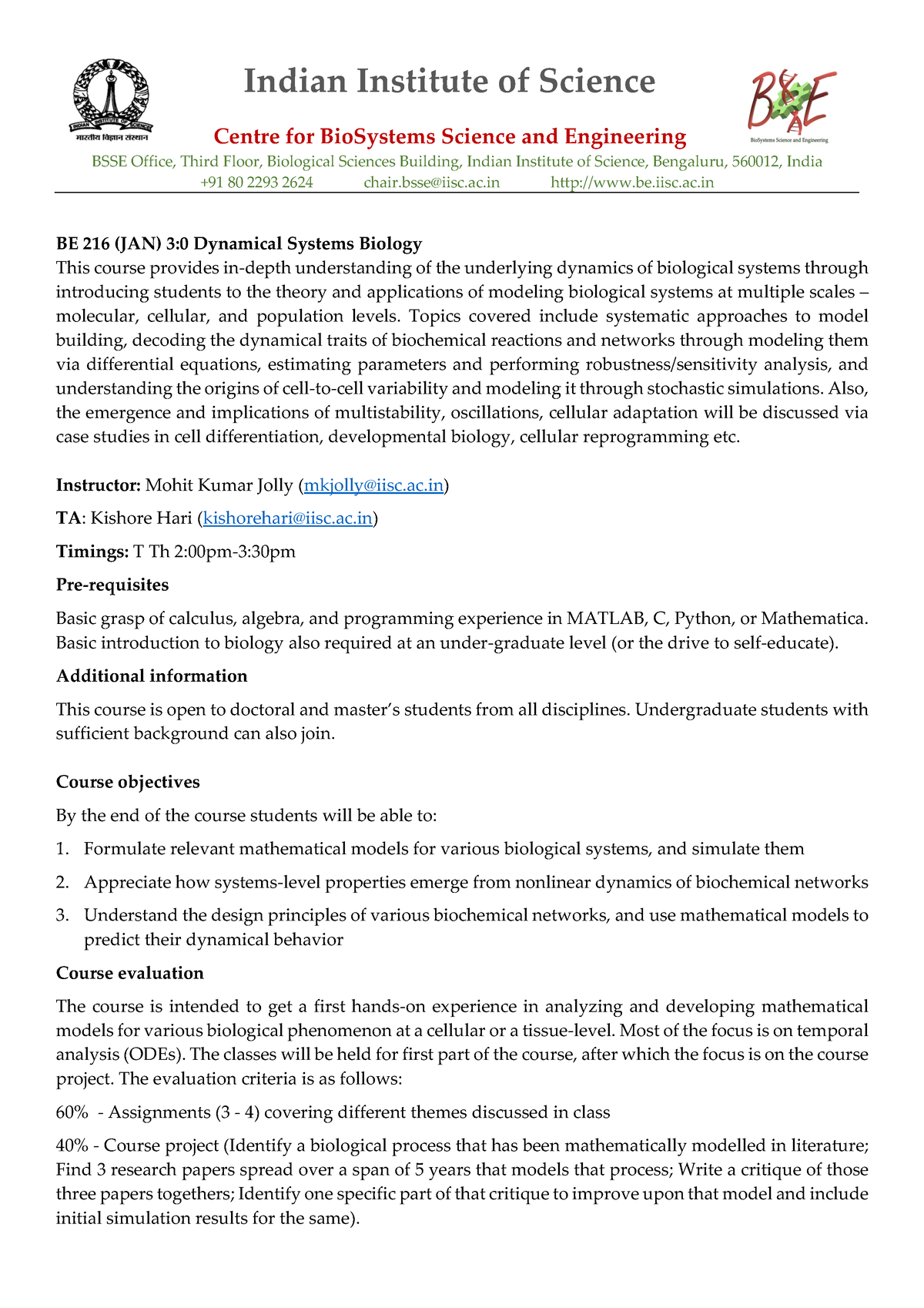 BE216 - Nbnb - Indian Institute Of Science Centre For BioSystems ...