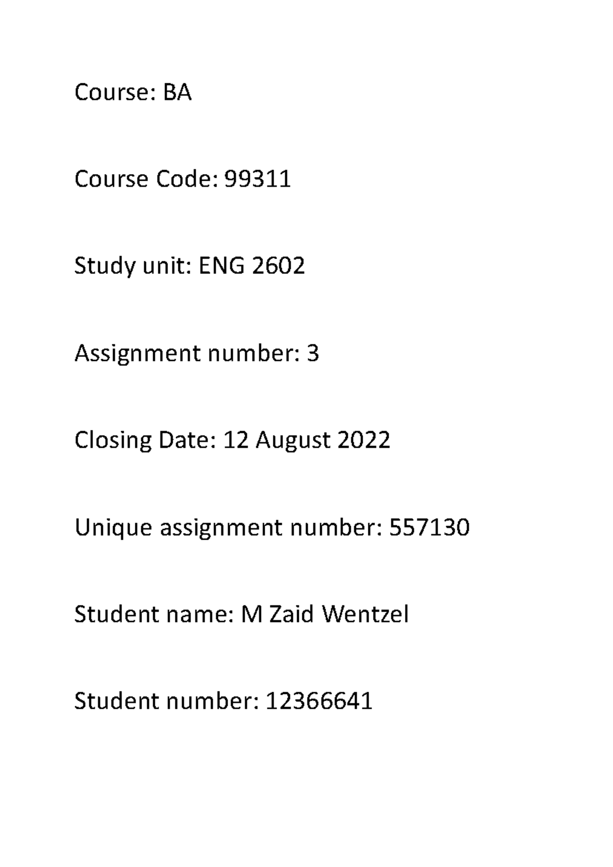 Eng 2602 Assignment 3 Eng2606 Assifgnmentb3 Course Ba Course Code 99311 Study Unit Eng Eng 2602 Assignment 3 Eng2606 Assifgnmentb3 Course Ba Course Code 99311 Study Unit Eng