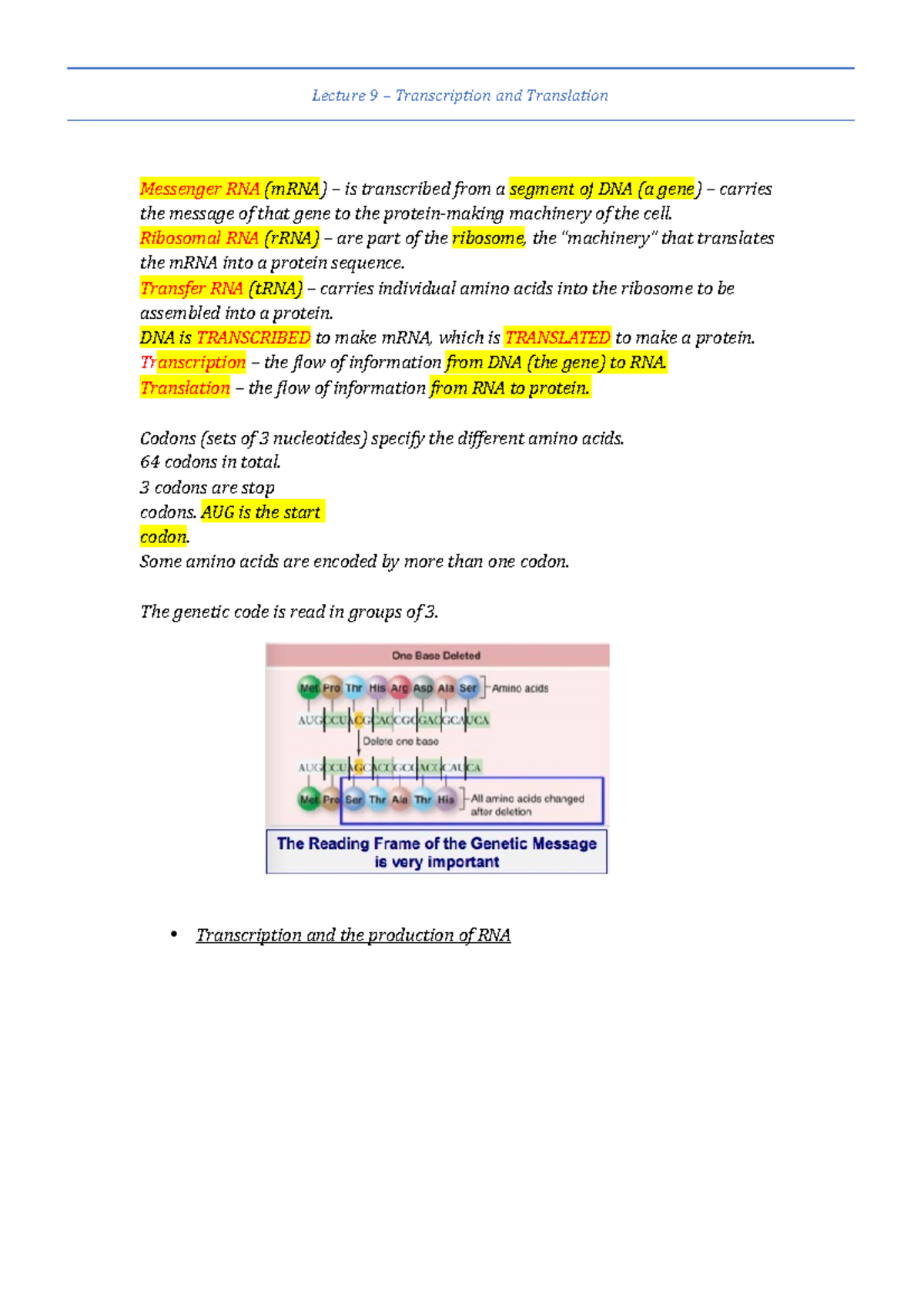 Lecture 9 lecture notes - Lecture 9 – Transcription and Translation ...