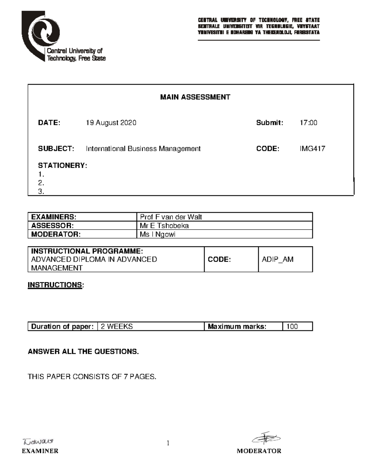 Main Assessment Question Paper IMG417 - 1 MAIN ASSESSMENT DATE: 19 ...