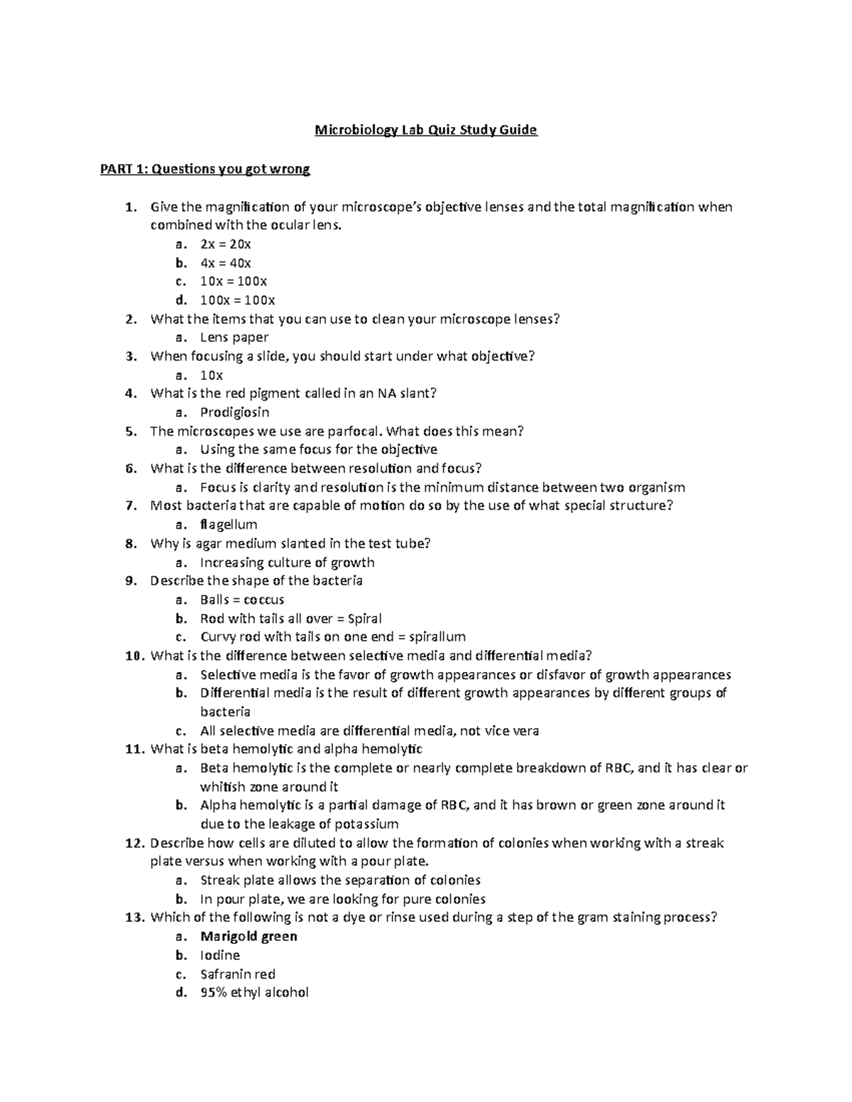 Microbiology Lab Quiz Study Guide - a. 2x = 20x b. 4x = 40x c. 10x ...