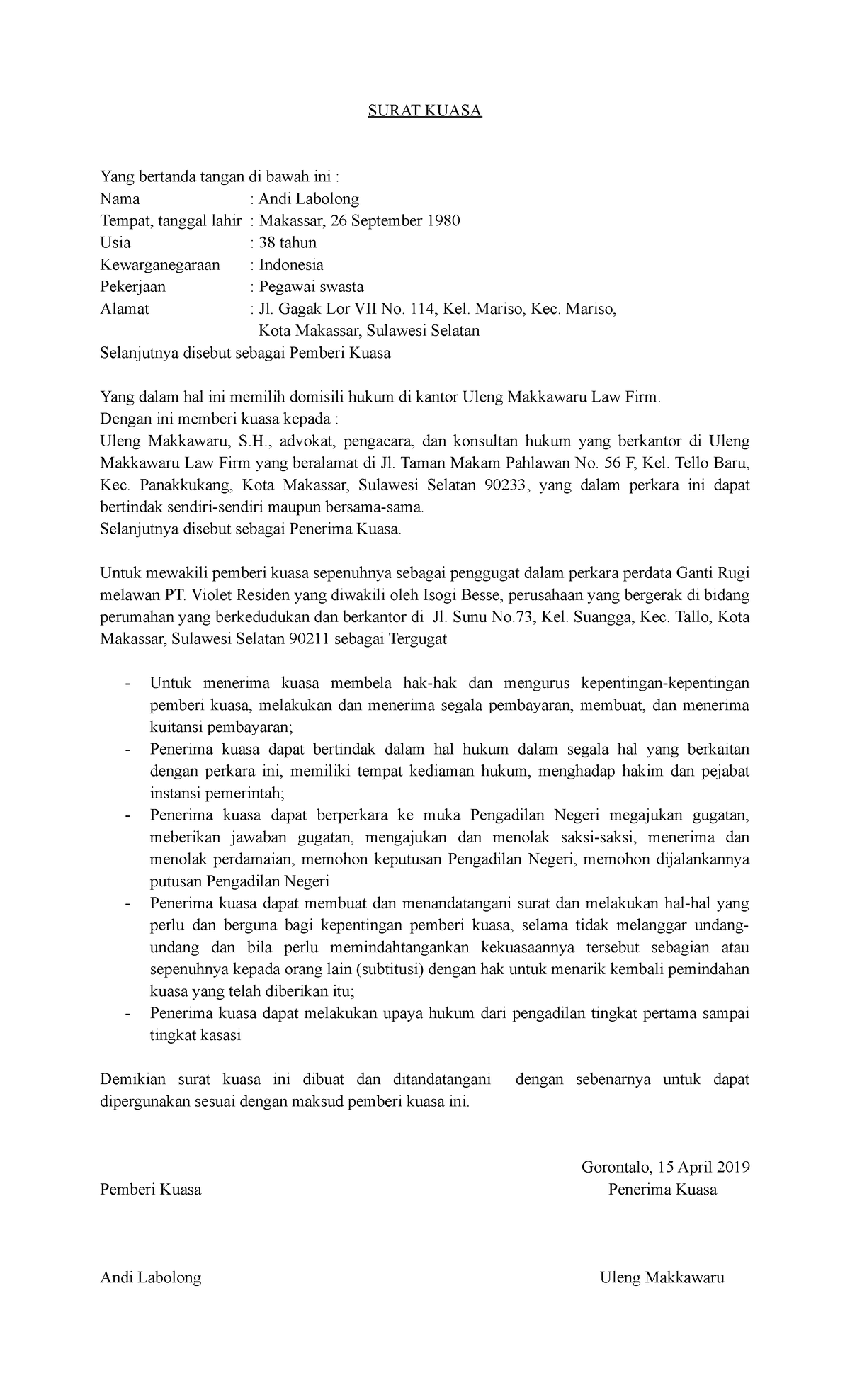 Contoh Surat Kuasa Advokat Perkara Perdata Bisnis - SURAT KUASA Yang