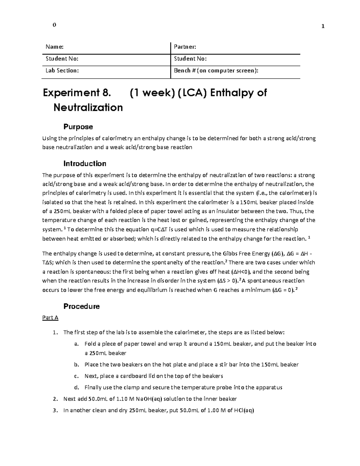 Enthalpy of Neutralization Lab Report Name Partner Student No