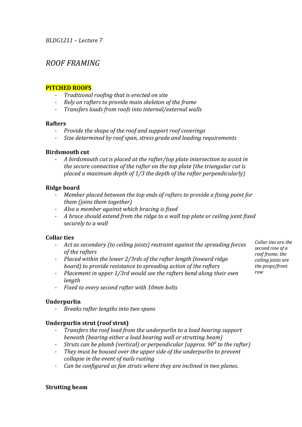 Summary Lecture 7 Roof Framing Bldg1211 Unsw Studocu