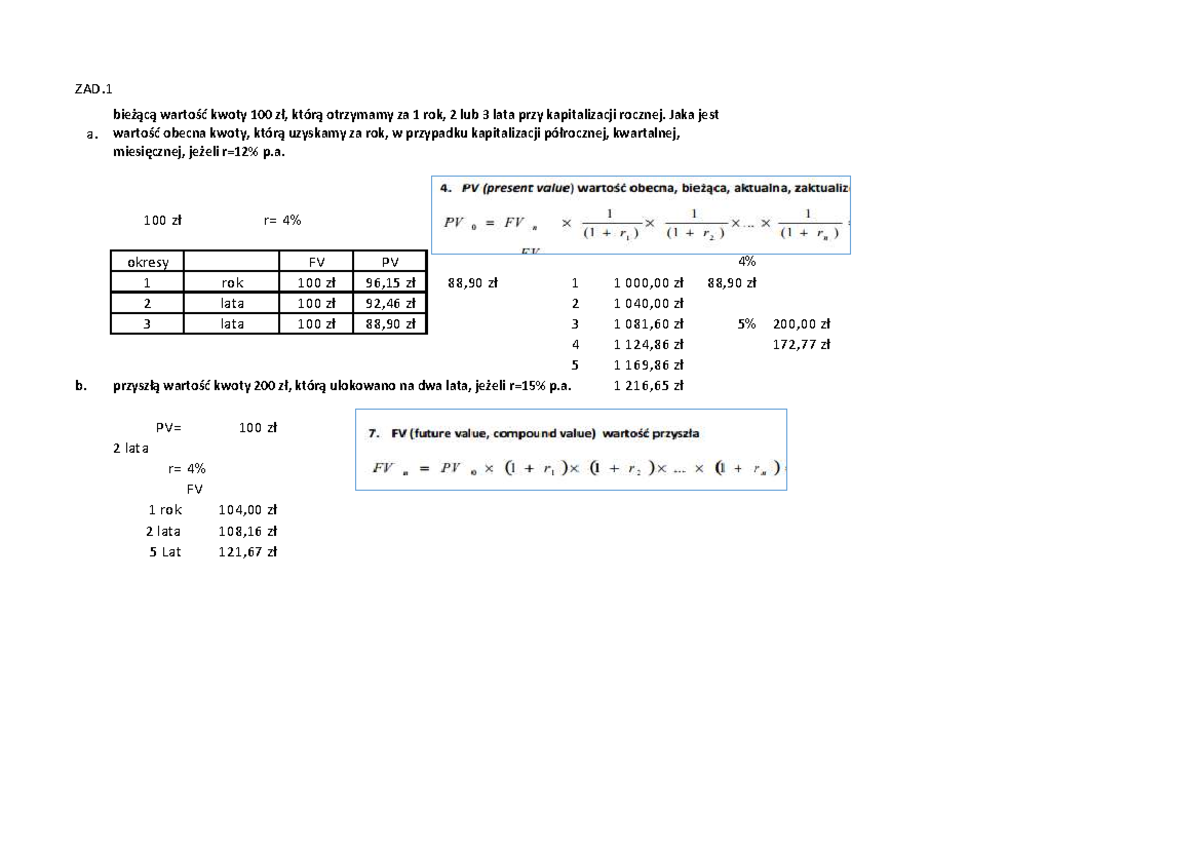 Npv Part 2 - Analiza Ekonomiczno-finansowa - ZAD. A. 100 Zł R=4% Okresy ...