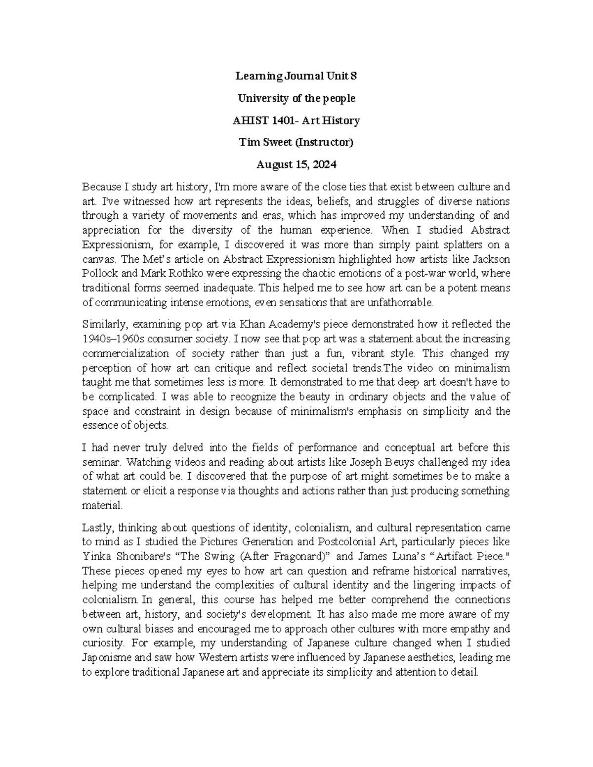 Learning Journal Unit 8 Ahist 1401 - Learning Journal Unit 8 University ...
