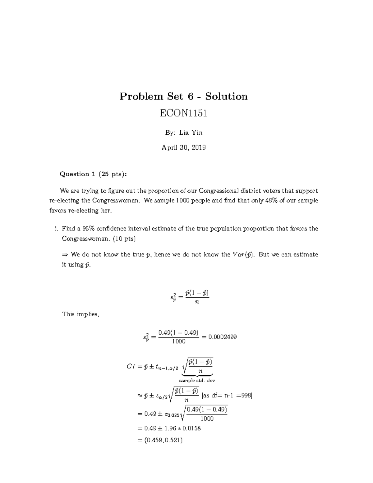 ECON1151 Problem Set 6 Solution - Studocu