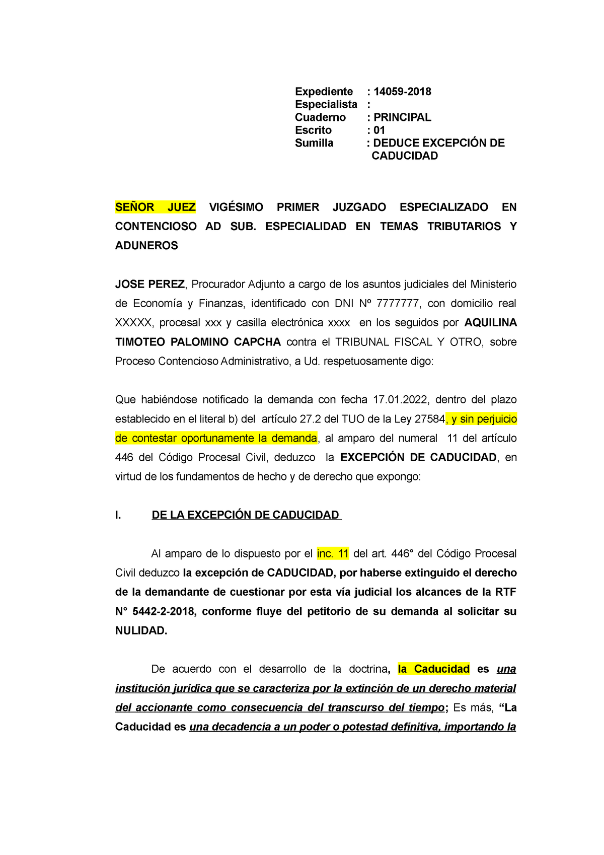 Excepción DE Caducidad - Expediente : 14059- Especialista : Cuaderno ...