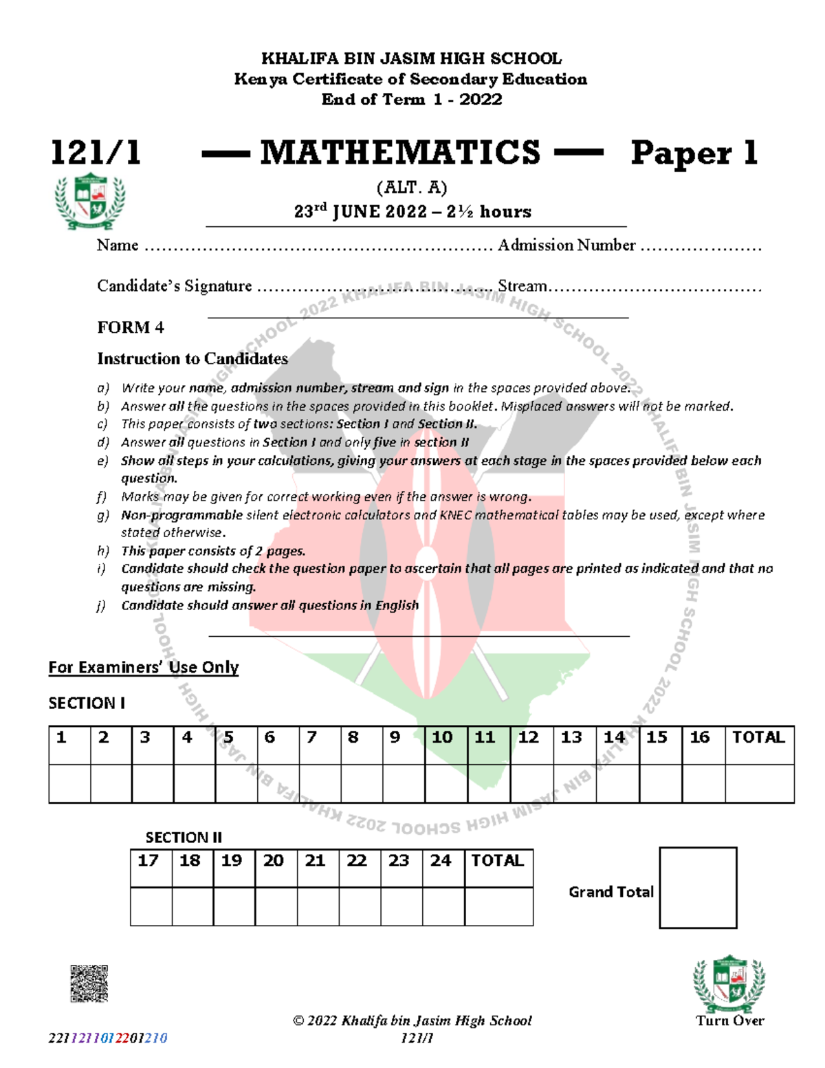 Mathematics Paper 1 mathe © 2022 Khalifa bin Jasim High School Turn