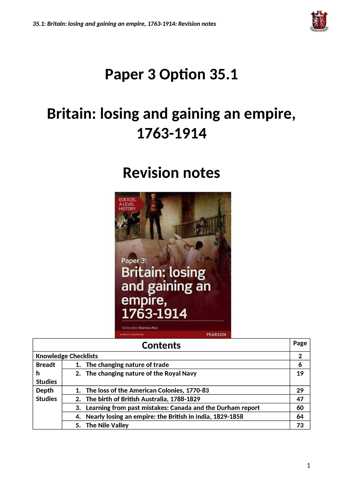 Revision Notes - Paper 3 British Empire - Paper 3 Option 35. Britain ...