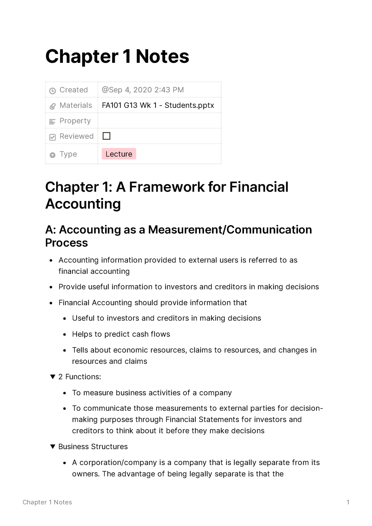 ACCT101 Chapter 1 Notes - Chapter 1 Notes Created Materials FA101 G13 ...