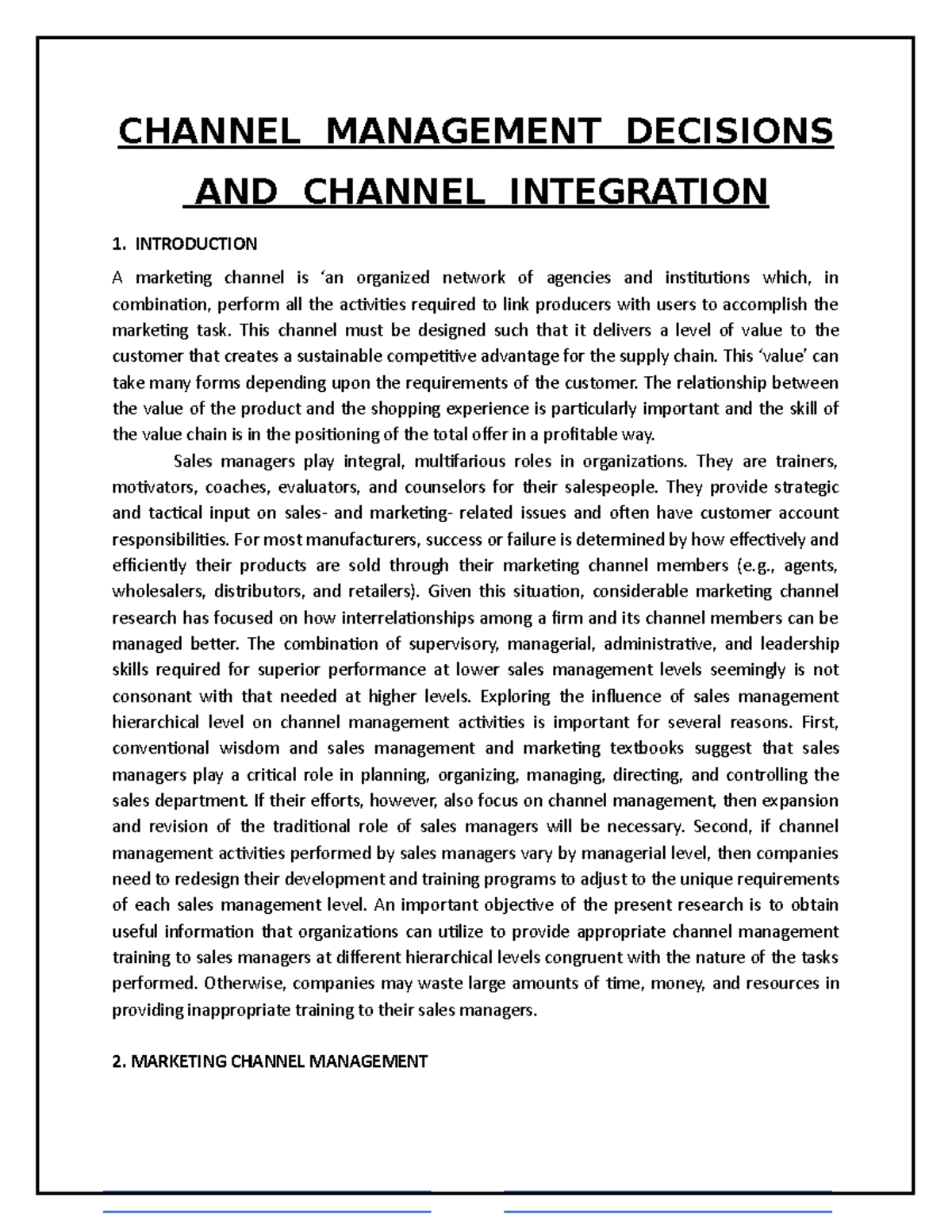 Channel Management Decisions CHANNEL MANAGEMENT DECISIONS AND CHANNEL
