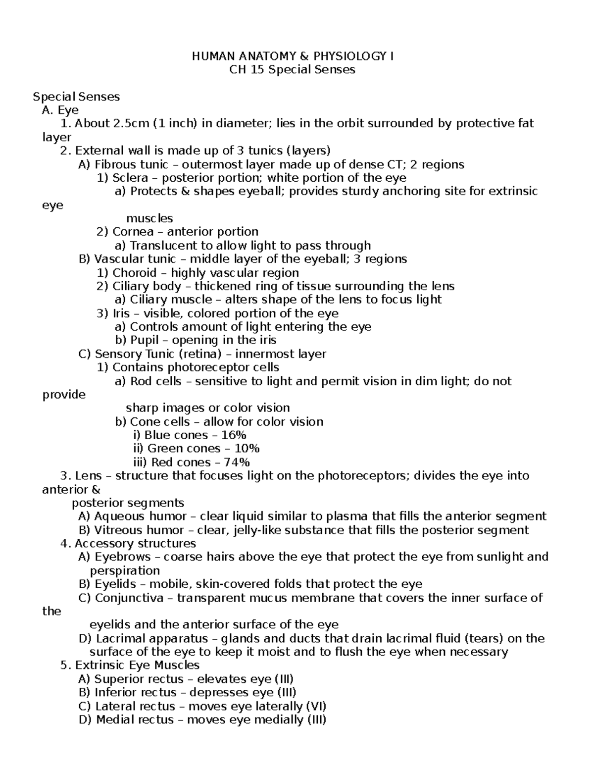 CH 15 Special Senses Study Giude Practice Questions - HUMAN ANATOMY ...