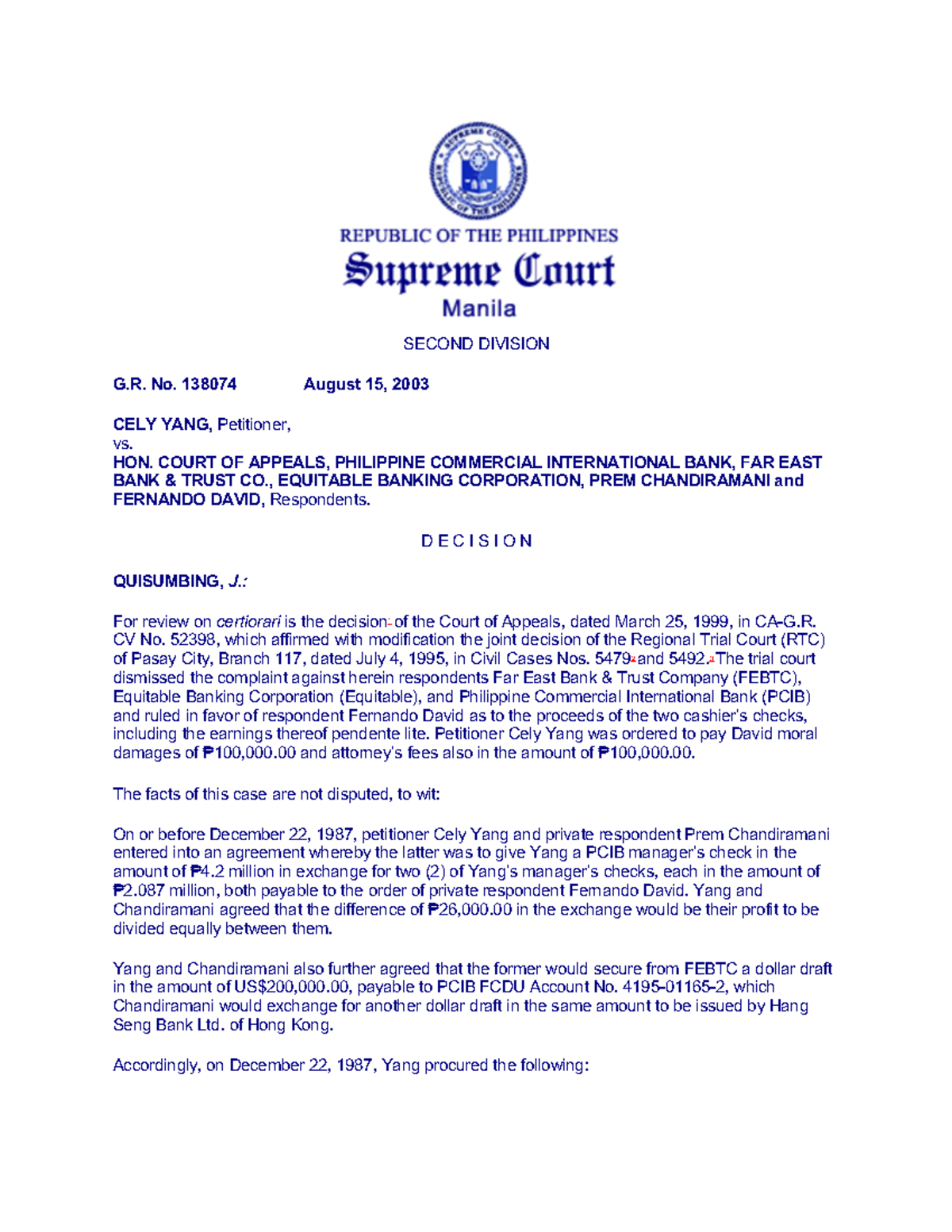 Yang v. CA Negotiable instrument case Negotiable instrument case Negotiable instrument