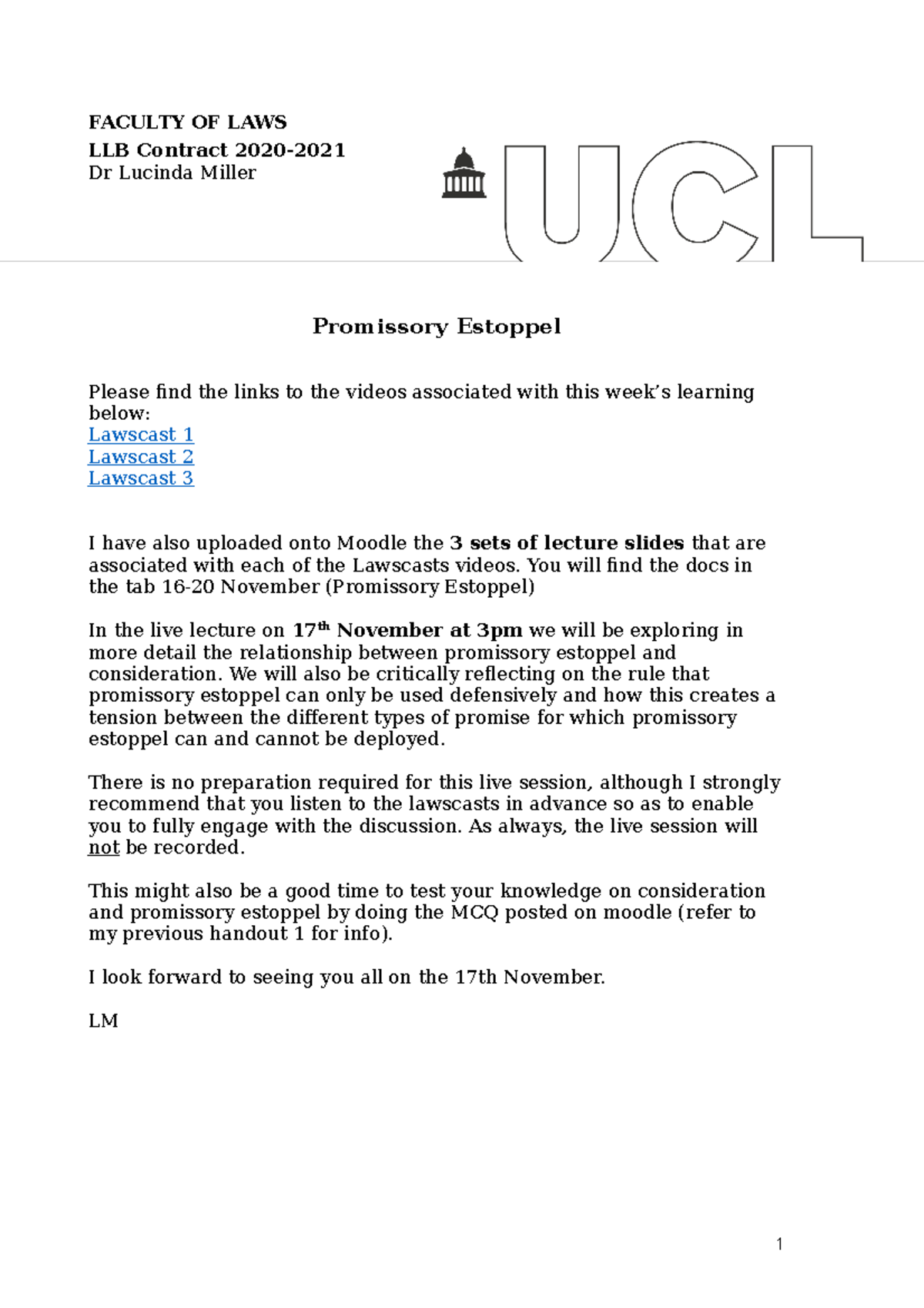 Promissory Estoppel Handout FACULTY OF LAWS LLB Contract 2020 Dr