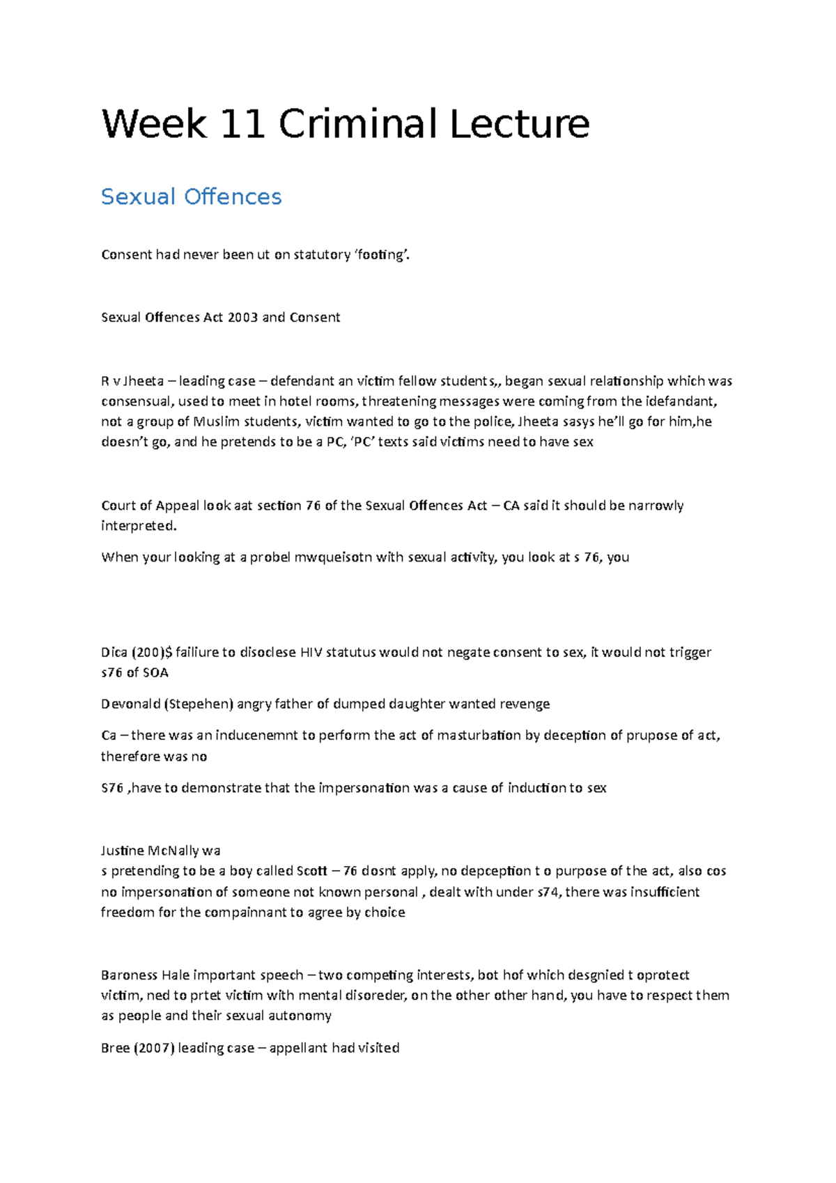 W EEK 11 Criminal Lecture - Week 11 Criminal Lecture Sexual Offences ...