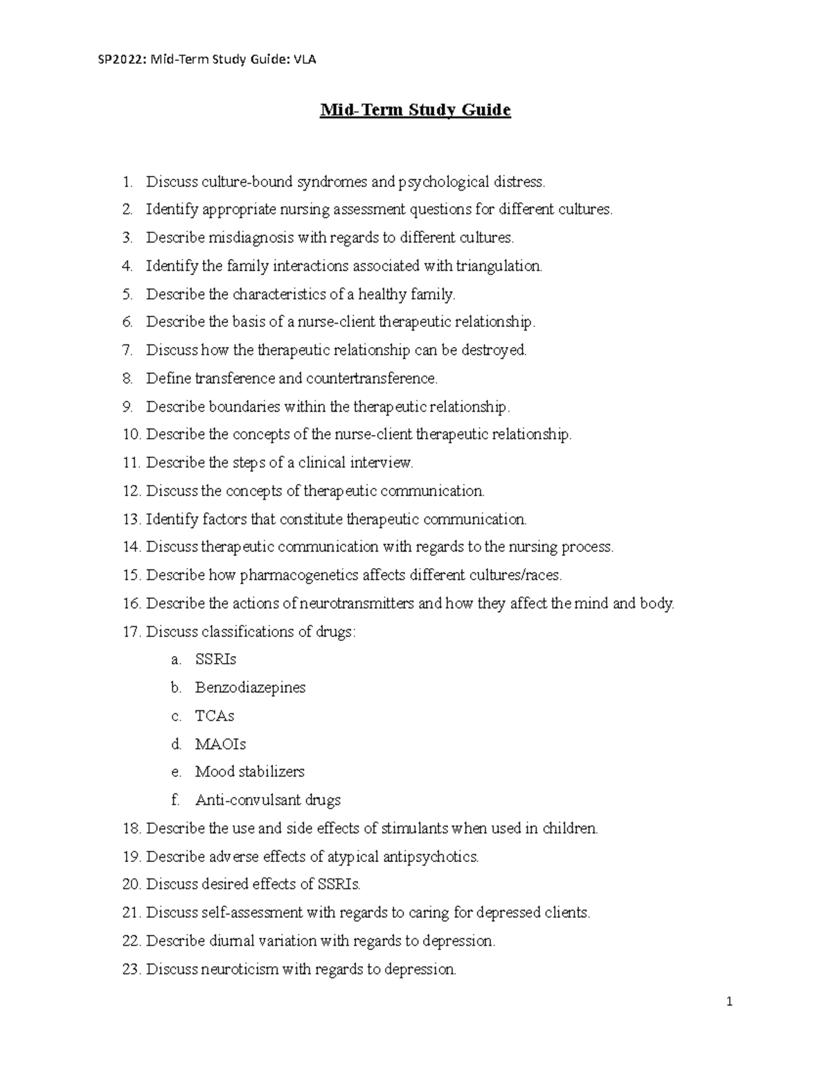 SP 2022 Midterm Study Guide - SP2022: Mid-Term Study Guide: VLA Mid ...