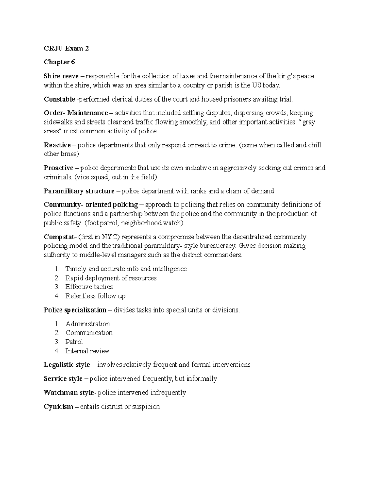 CRJU Exam 2 study guide - CRJU Exam 2 Chapter 6 Shire reeve ...