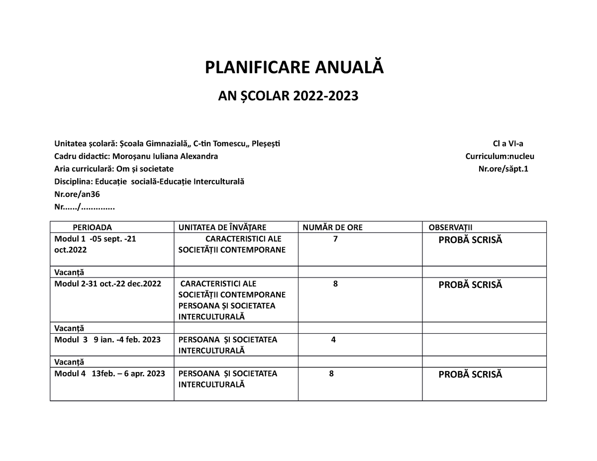 Planificare AnualĂ ȘI CalendaristicĂ CL.A 6 A ED - PLANIFICARE ANUALĂ ...