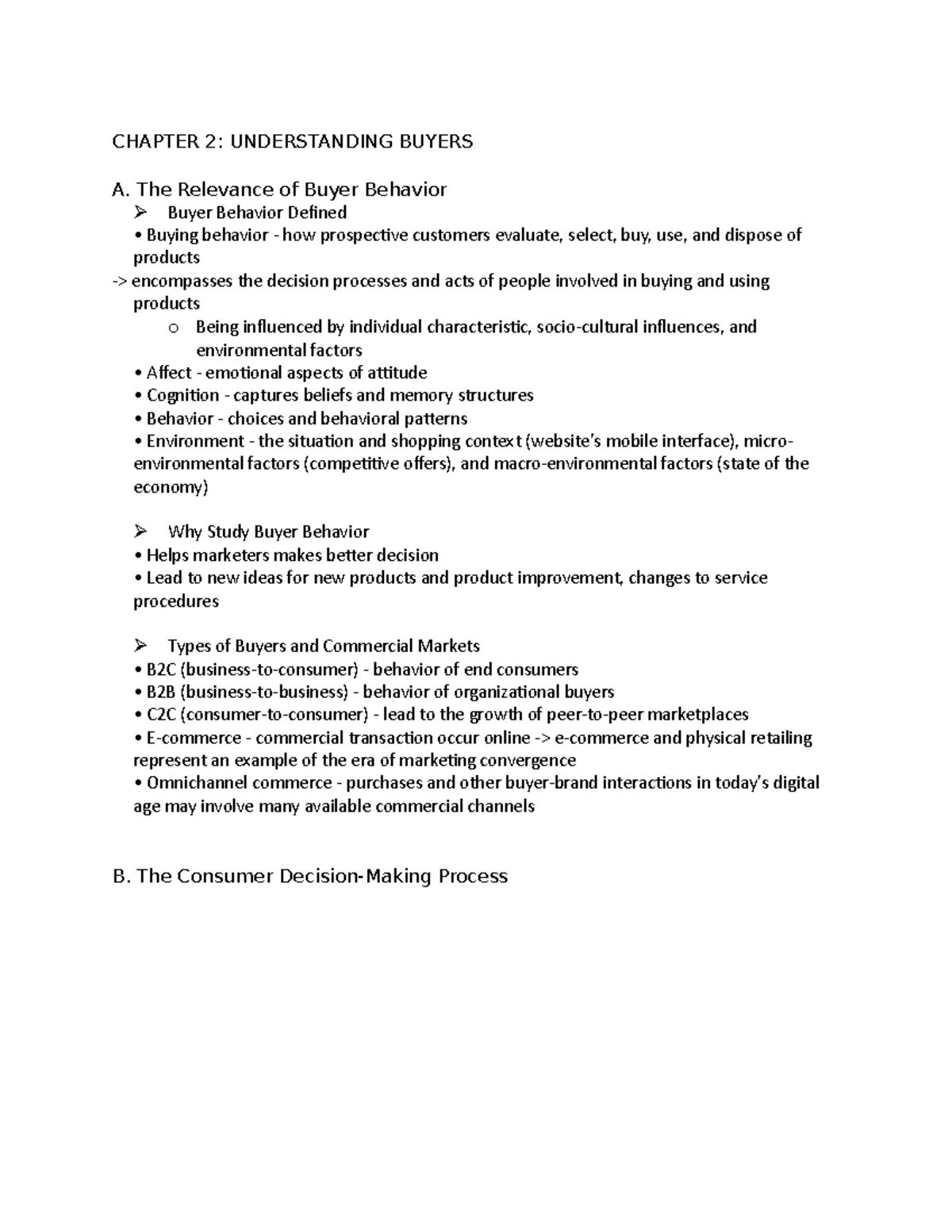 Marketing chapter 2 summary - CHAPTER 2: UNDERSTANDING BUYERS A. The ...