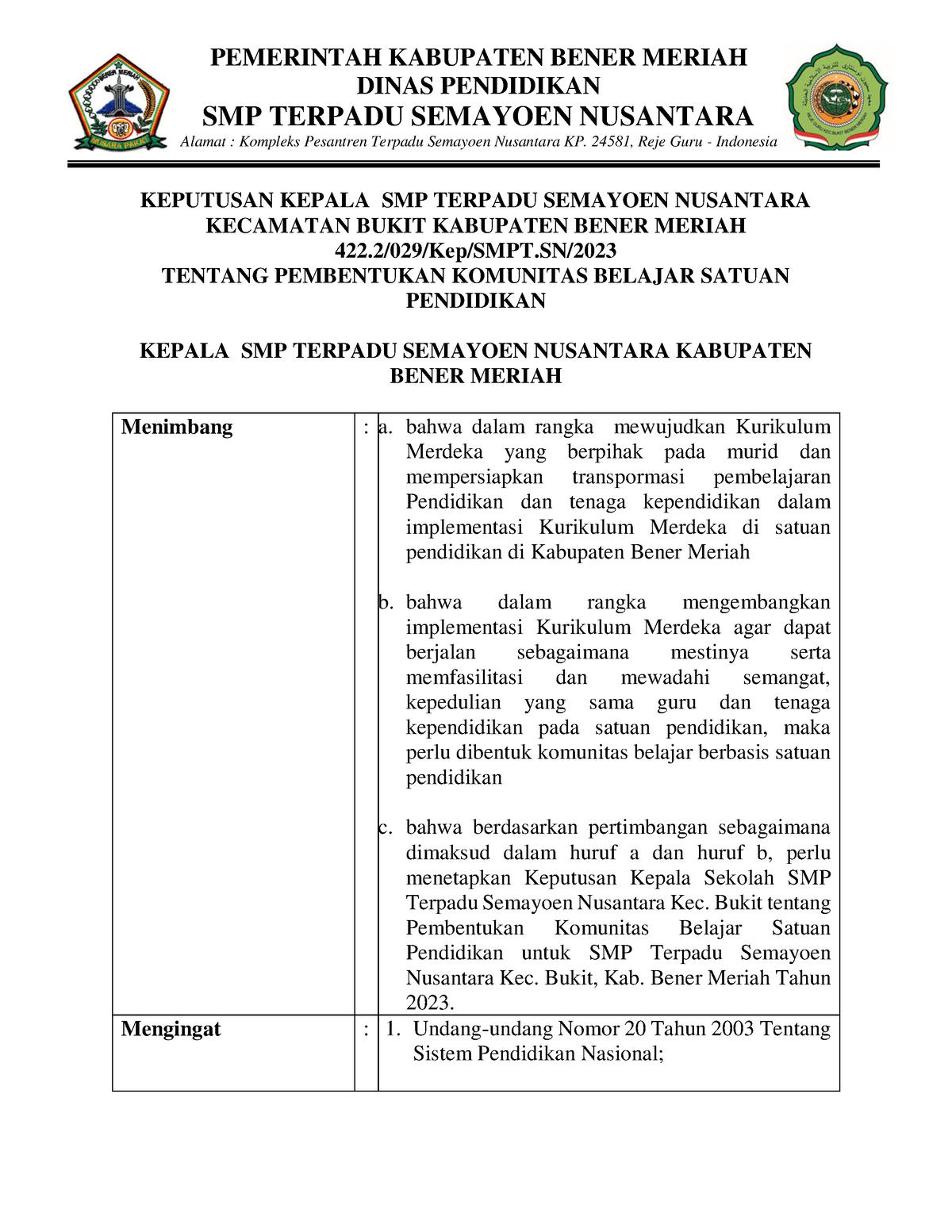 SK Komunitas Sekolah SMP Terpadu Semayoen Nusantara - KEPUTUSAN KEPALA ...