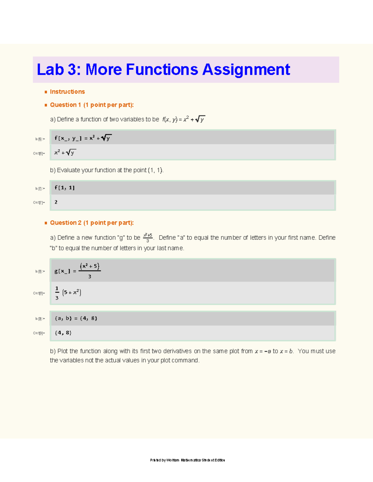 Lab 3 - Lab 3 keys - Lab 3: More Functions Assignment Instructions ...