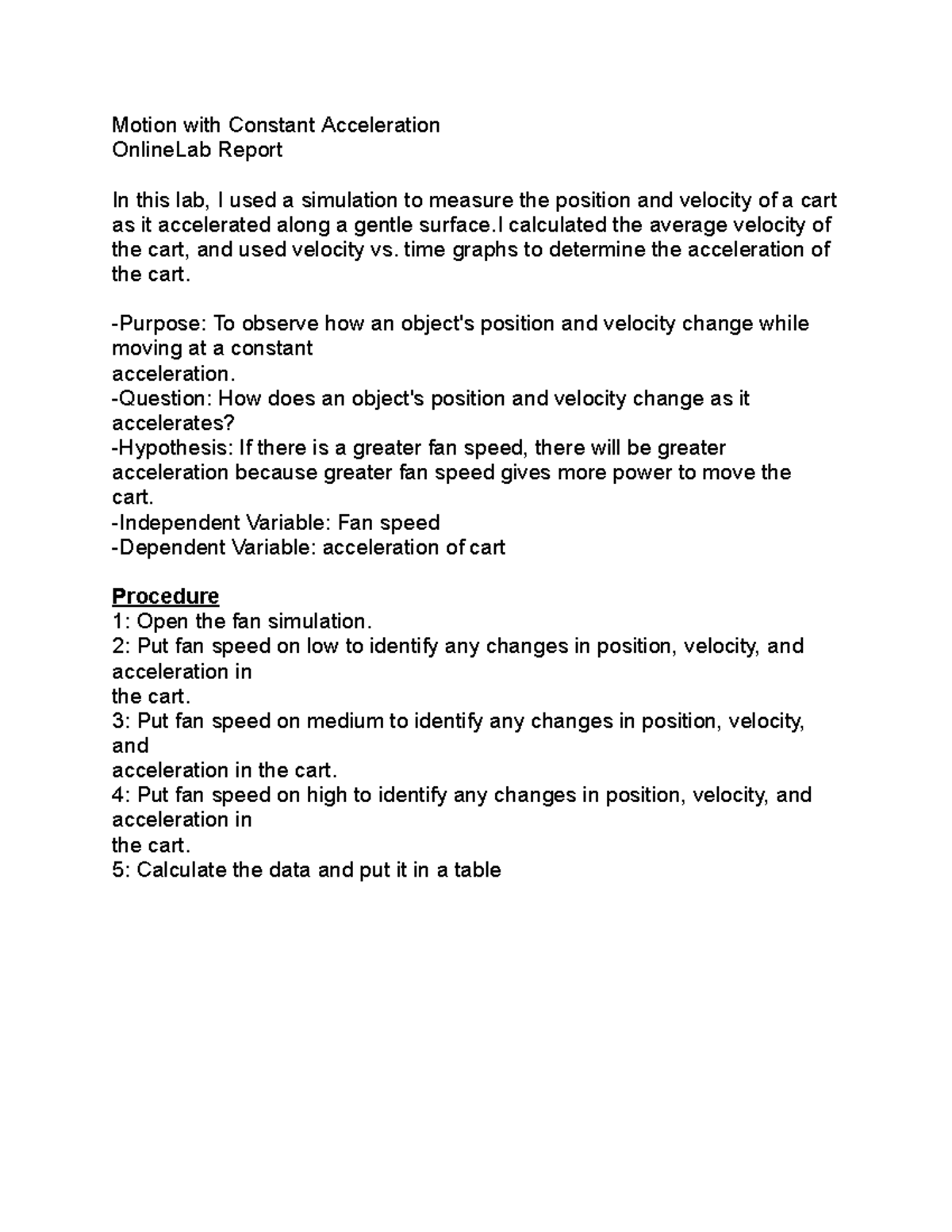 Lab report 1 edgenuity - Motion with Constant Acceleration OnlineLab ...