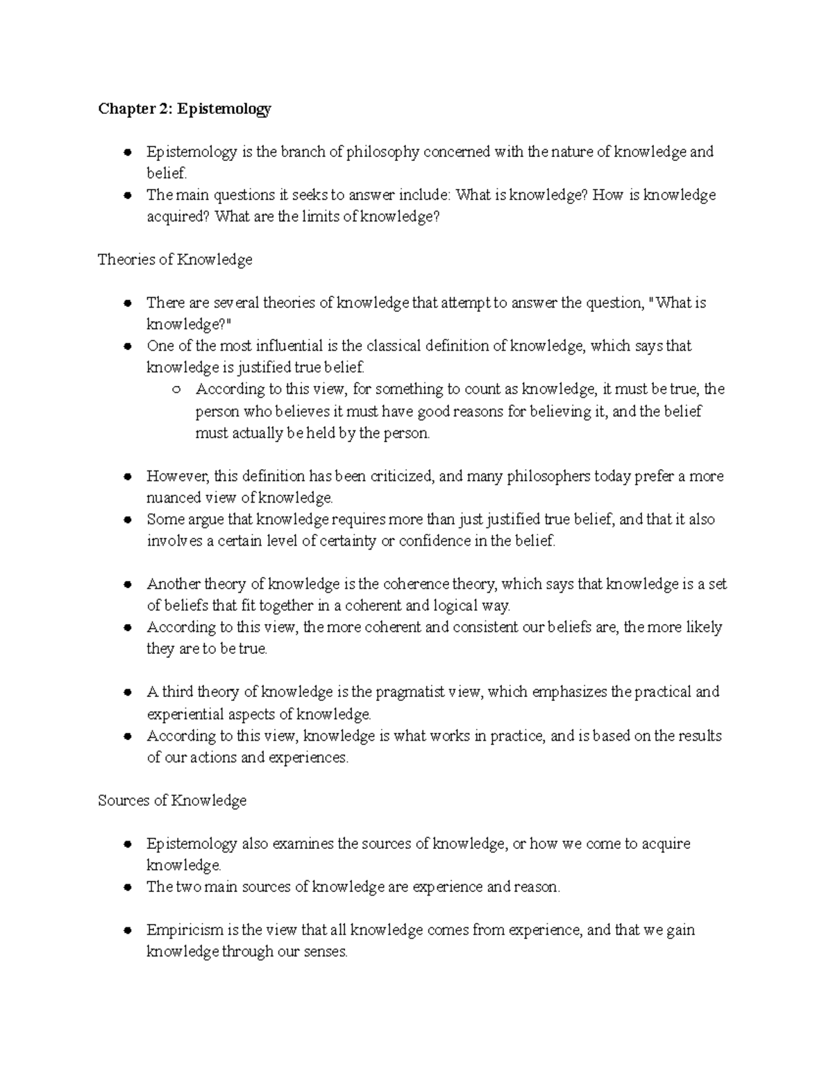 PHIL 100 Ch 2 - PHIL 100 Notes for Chapter 2 - Chapter 2: Epistemology ...