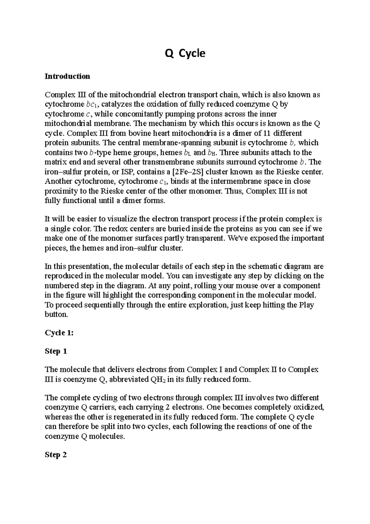 Q Cycle study material Q Cycle Introduction Complex III of the