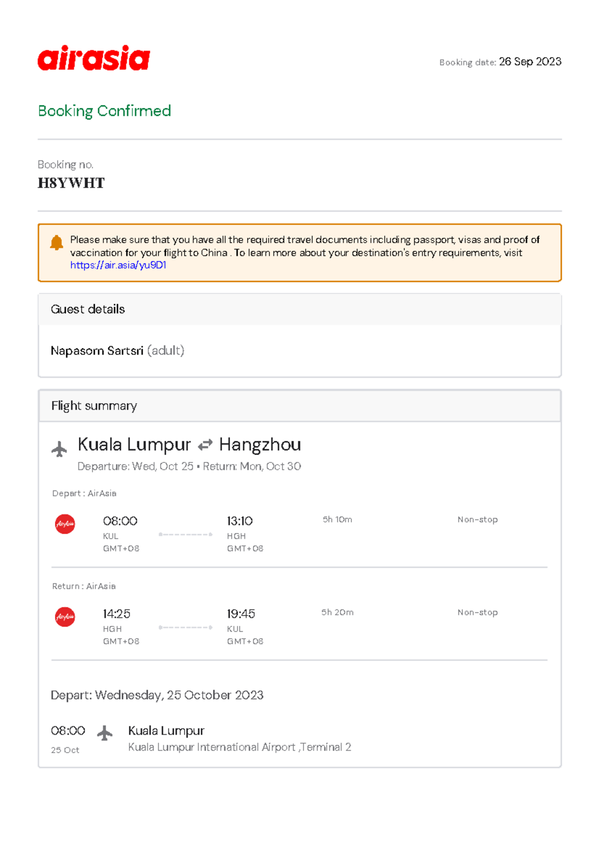 Airasia Hz 1 - easy - Booking Confirmed Booking no. H8YWHT Guest ...