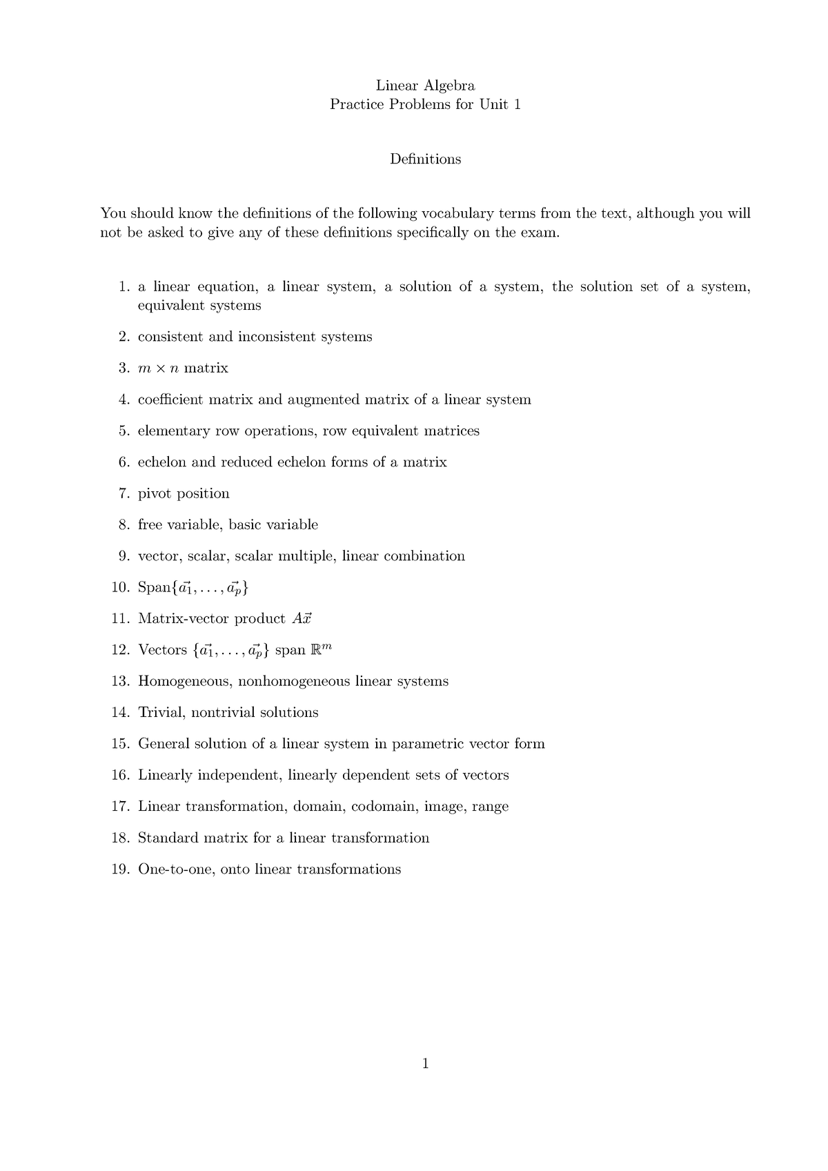 Lin Unit 1 Practice Questions For First Exam Linear Algebra