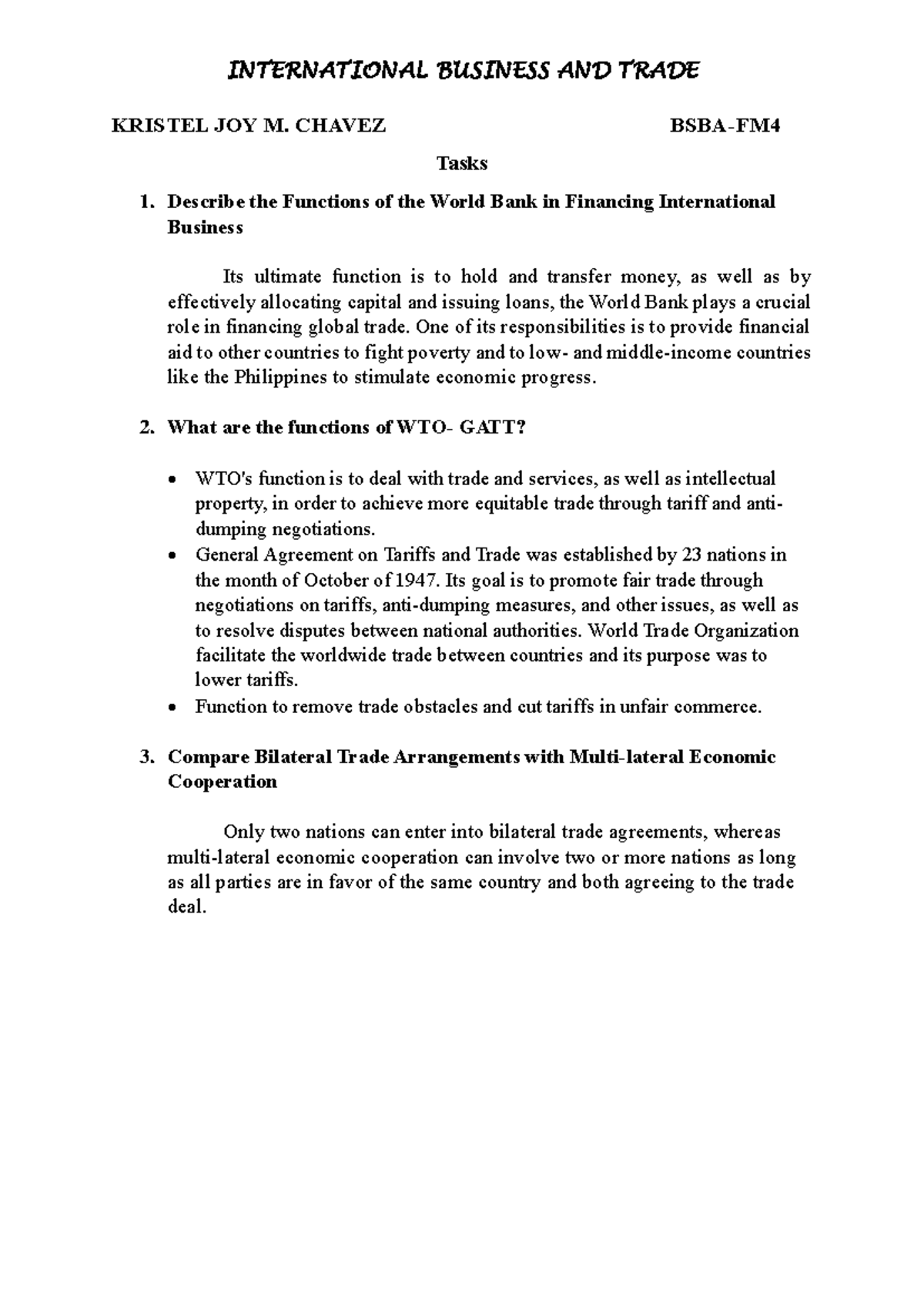 Chavez IBTtask 3 - IBT - INTERNATIONAL BUSINESS AND TRADE KRISTEL JOY M ...