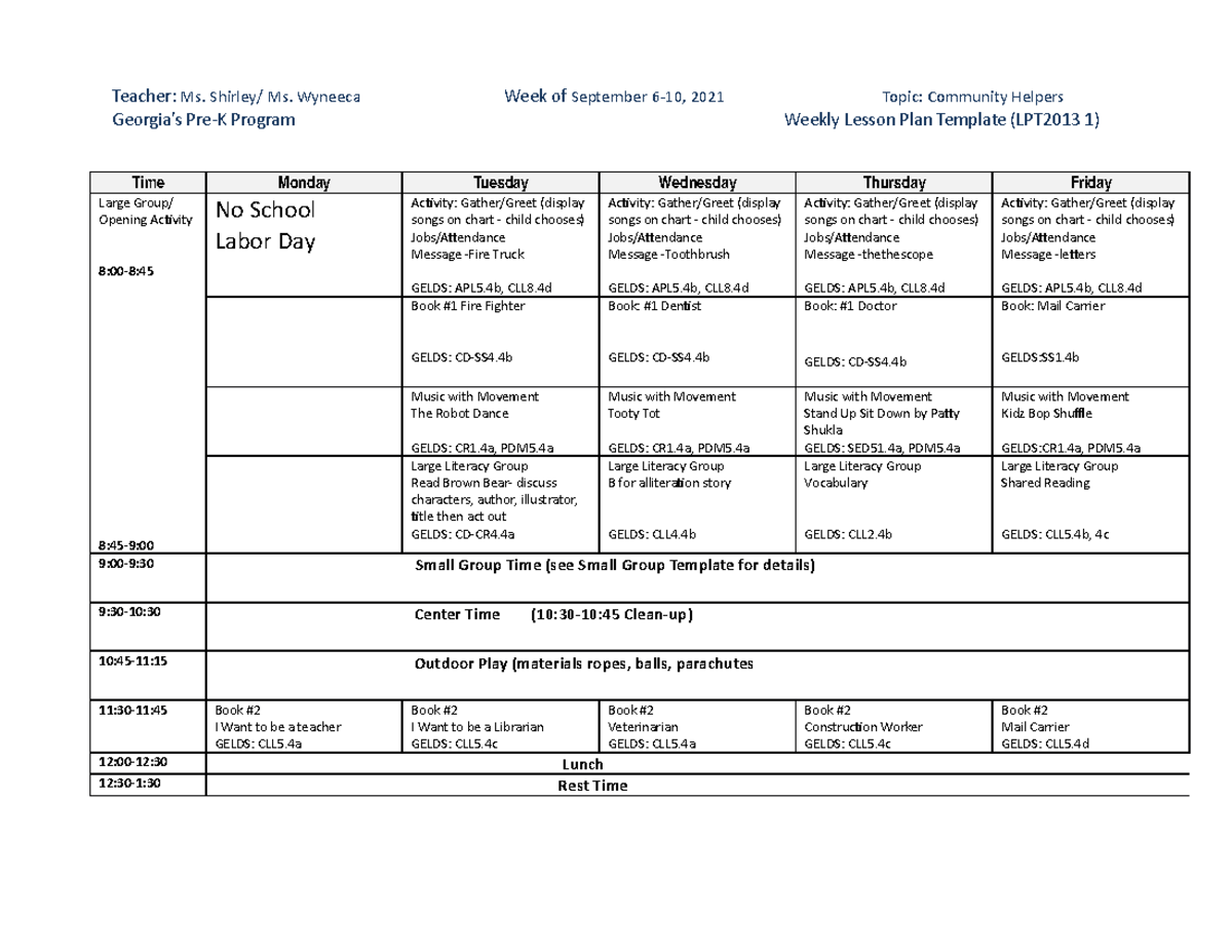 Lesson Plan Week 6 Community Helpers Ms. Shirley - Teacher: Ms. Shirley ...