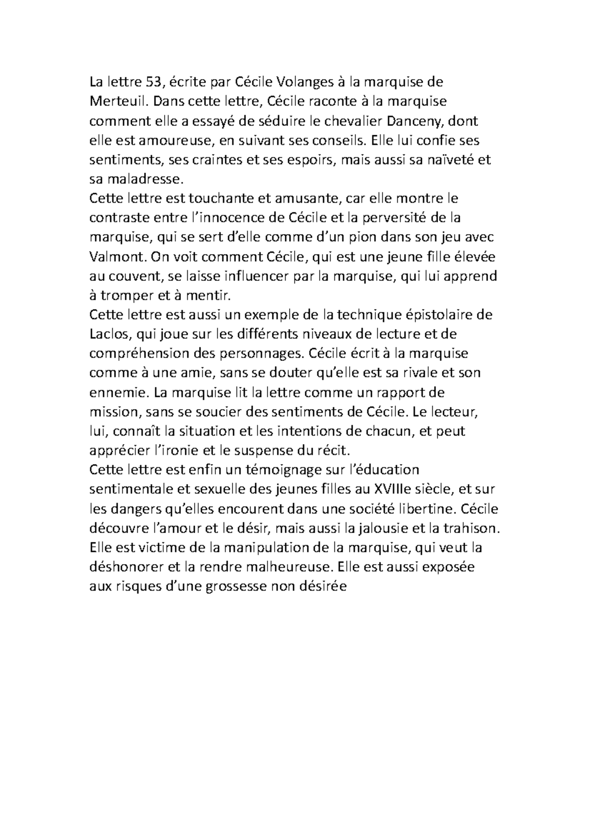 La lettre 53 RTE La lettre 53, écrite par Cécile Volanges à la