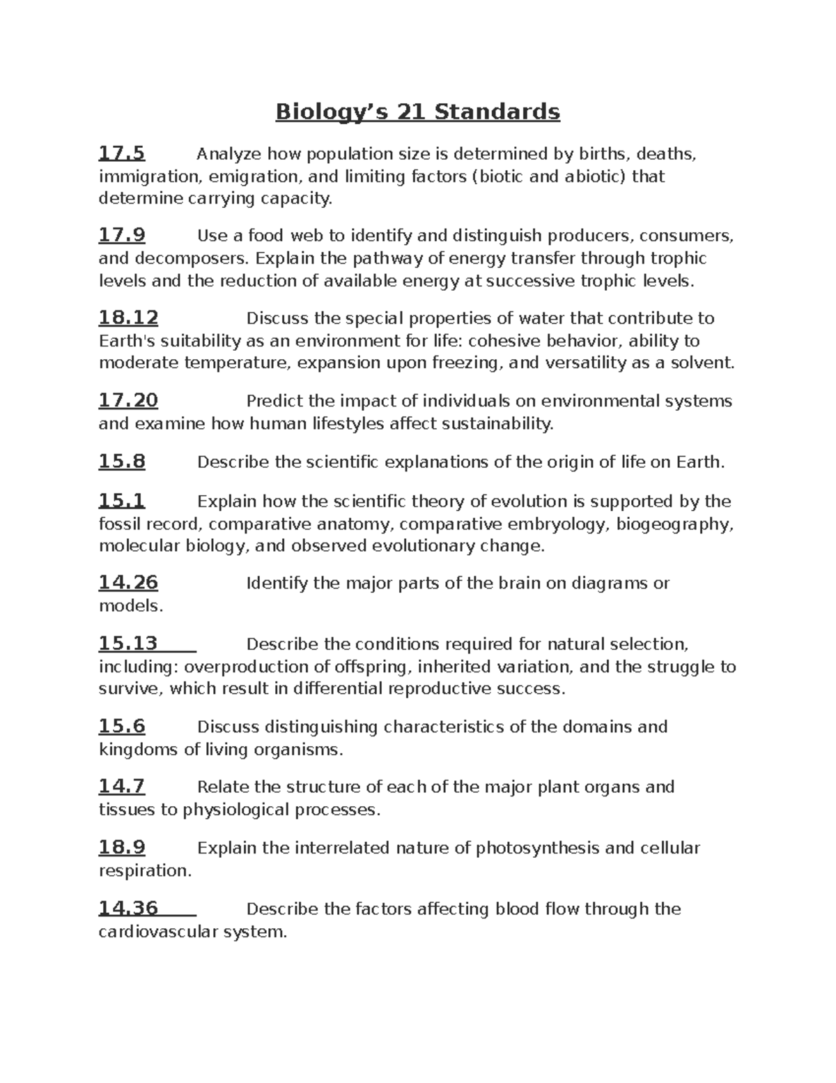 Biology 21 standards Biology’s 21 Standards 17 Analyze how population