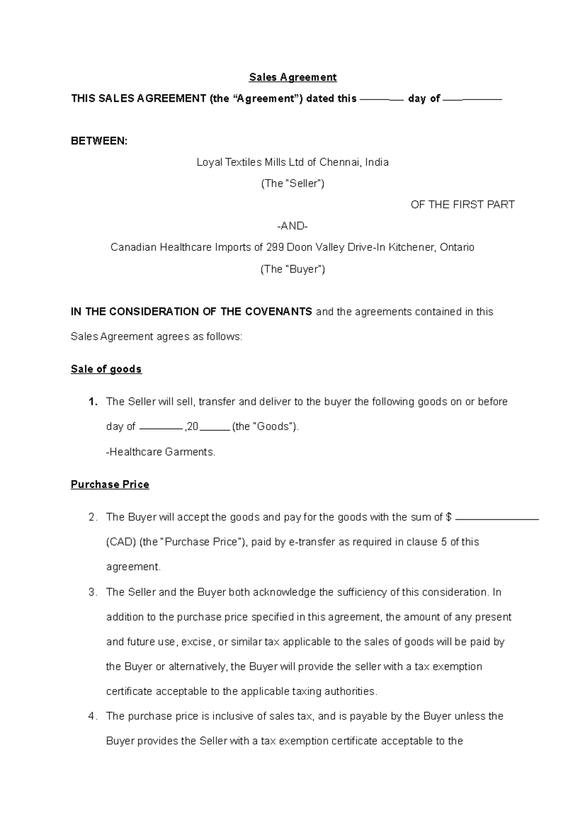 Sales Agreement Sales Agreement THIS SALES AGREEMENT The Agreement   Thumb 1200 1698 