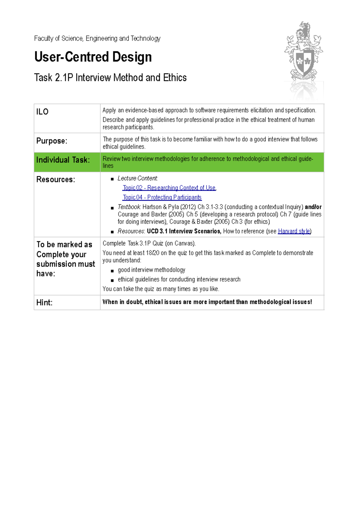 UCD 2 - tut work - Faculty of Science, Engineering and Technology User ...