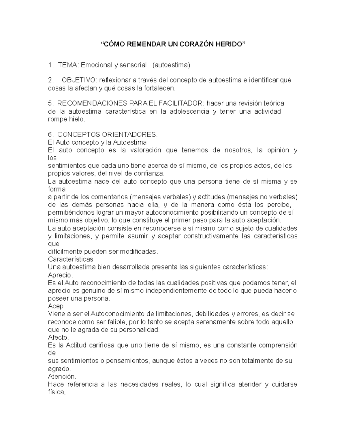 autoestima- actividad emocional y sensorial - “CÓMO REMENDAR UN CORAZÓN ...