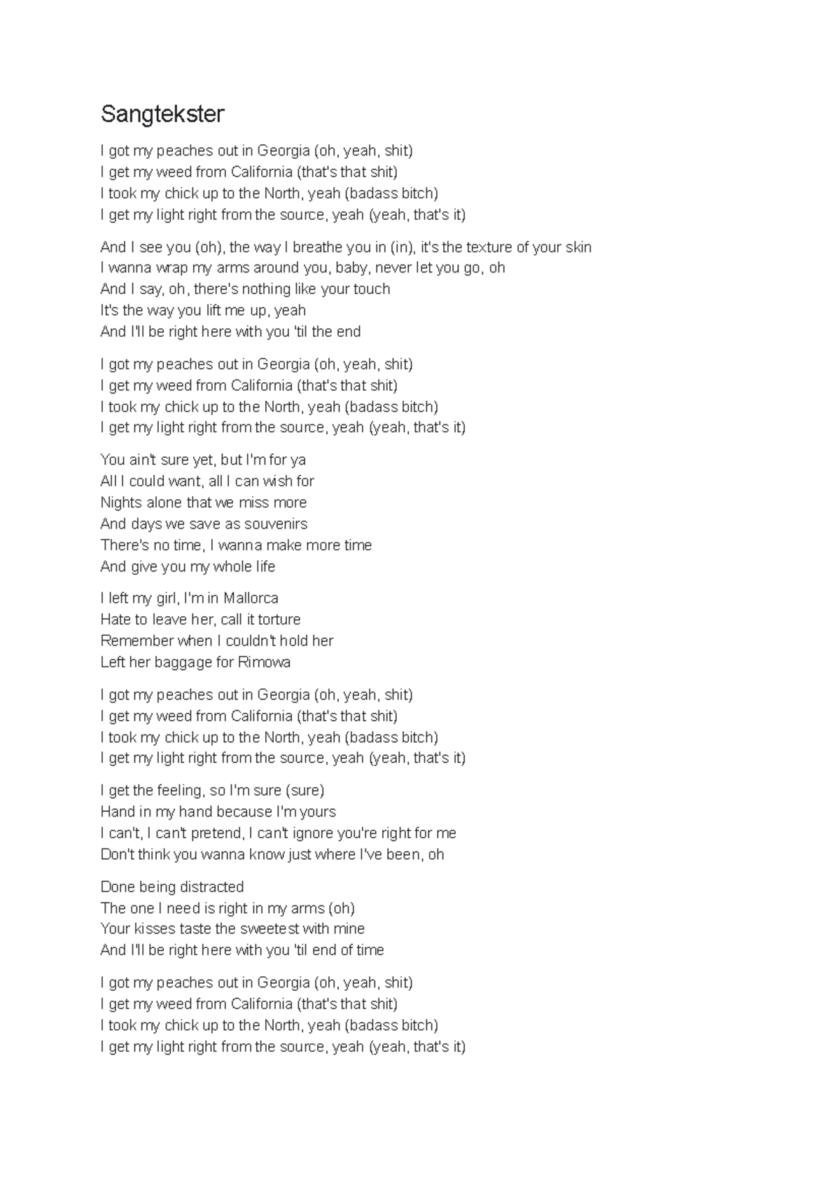 Peaches Sangtekster I got my peaches out in (oh, yeah, shit