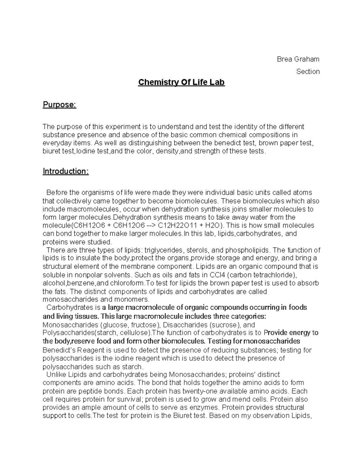 Chemistry of Life. Grade B Brea Graham Section Chemistry Of Life Lab Purpose The purpose