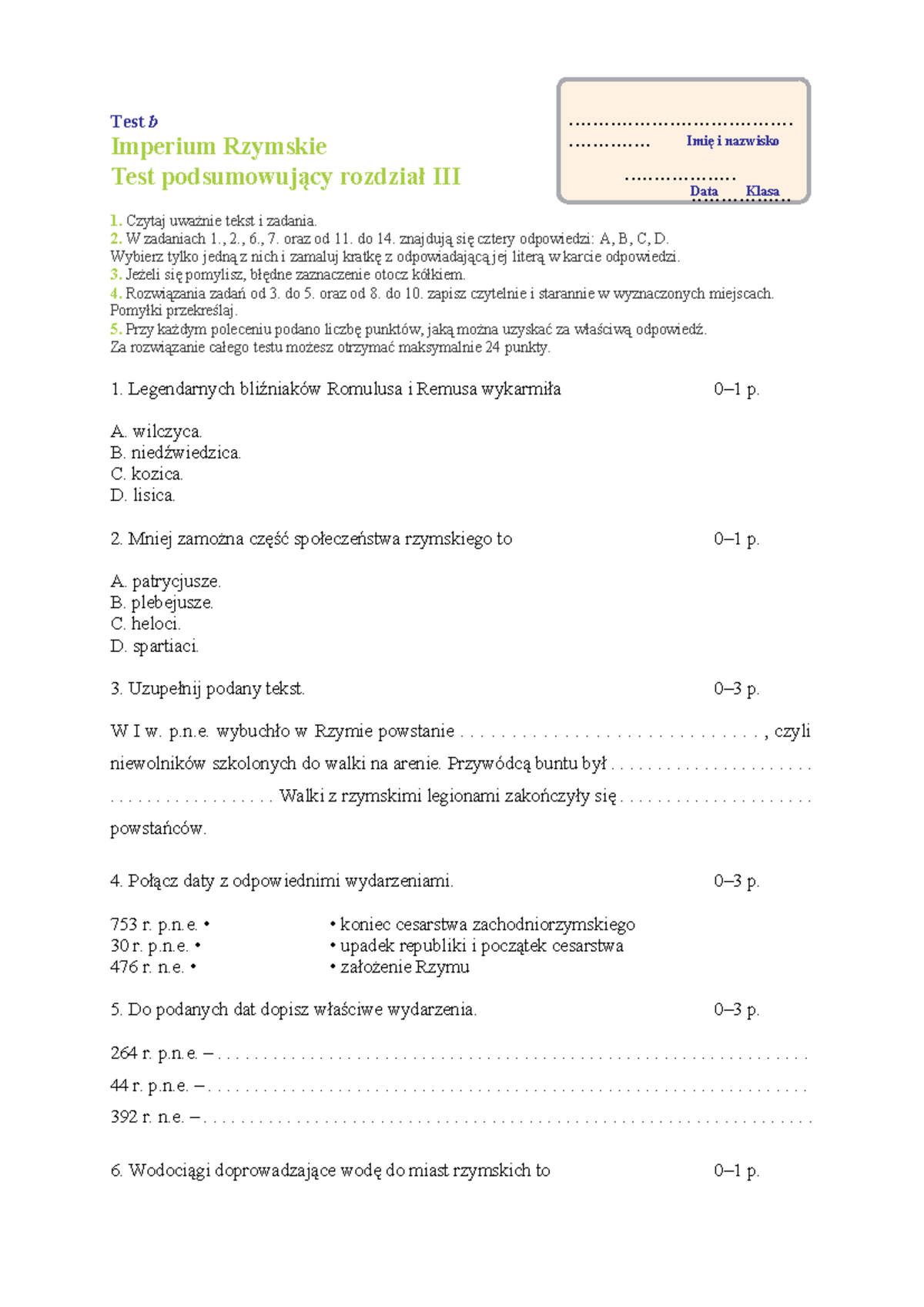 Starożytny Rzym B - Historia 5 - Test B Imperium Rzymskie Test ...