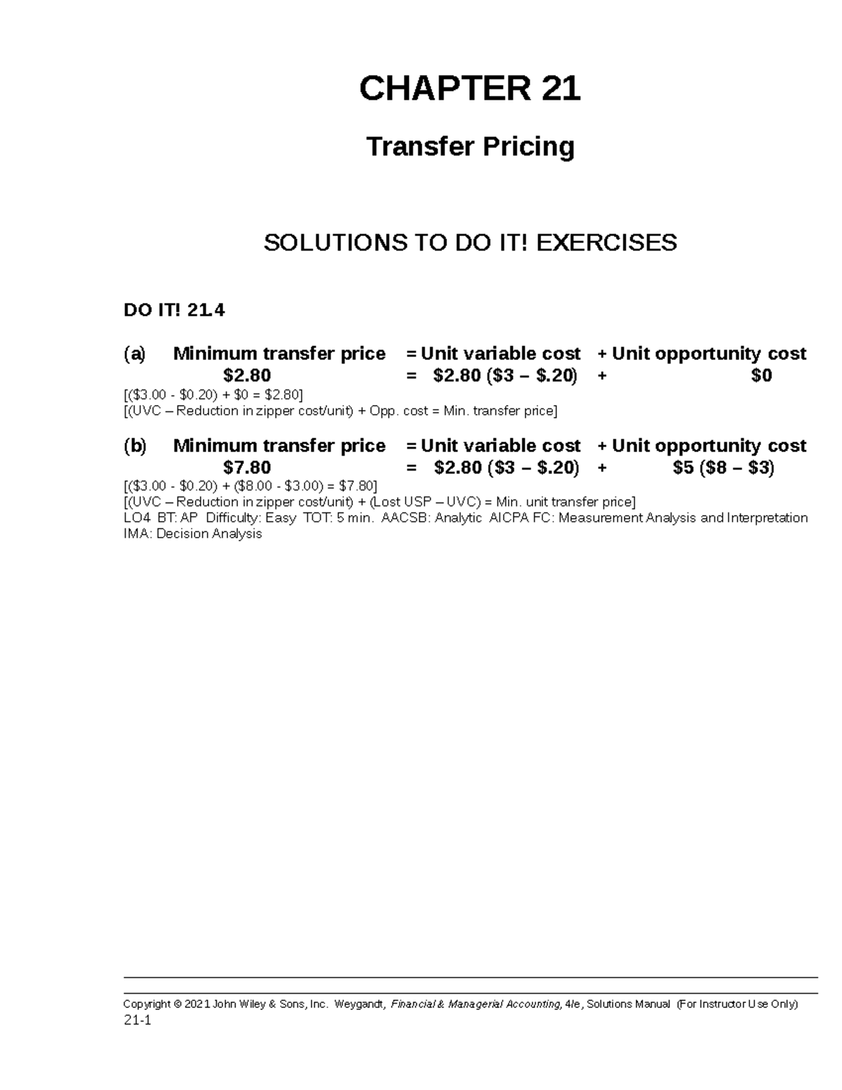 7 Ch21 Transfer Pricing CHAPTER 21 Transfer Pricing SOLUTIONS TO DO