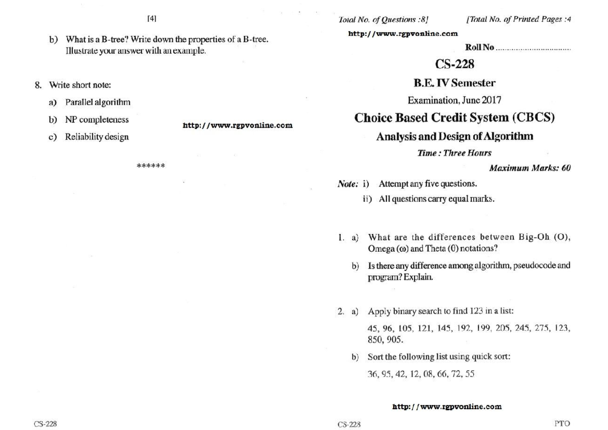 Design and Analysis of Algorithm Question Paper - Studocu