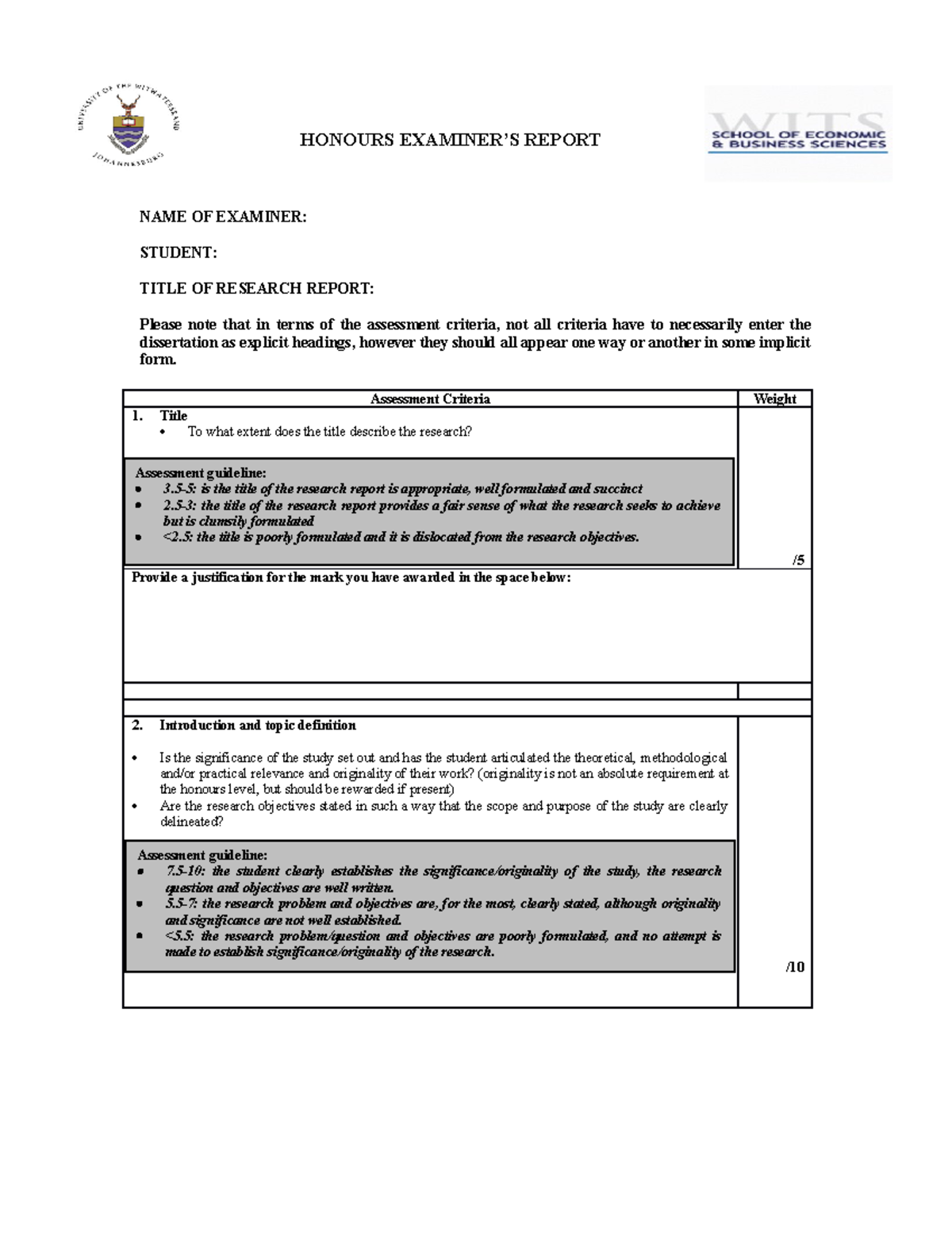 Honours+Research+Paper+Rubric - HONOURS EXAMINER’S REPORT Assessment ...